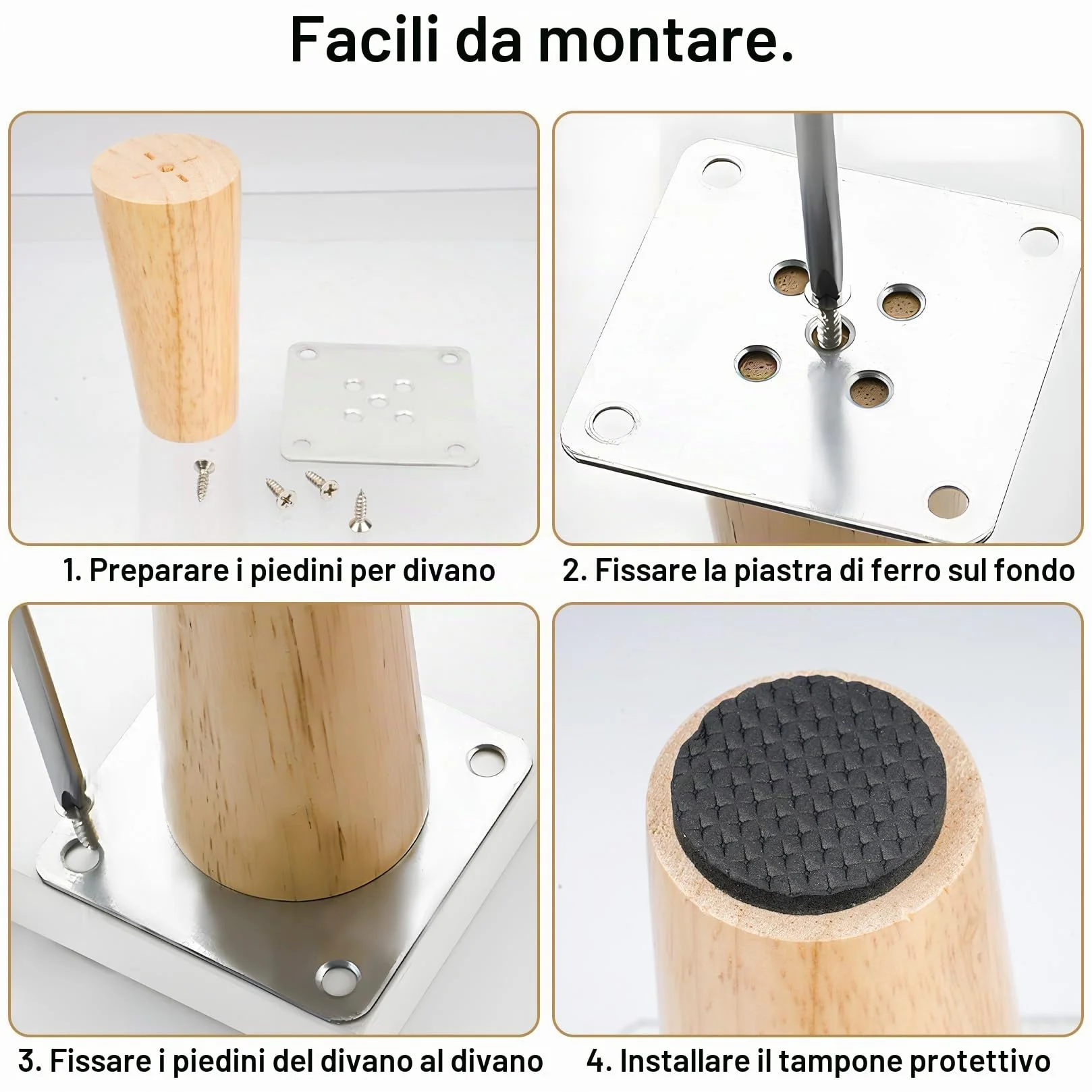 Piedini per Mobili in Legno 10cm 4 Pz, Gambe per Tavolo Affusolate con Accessori