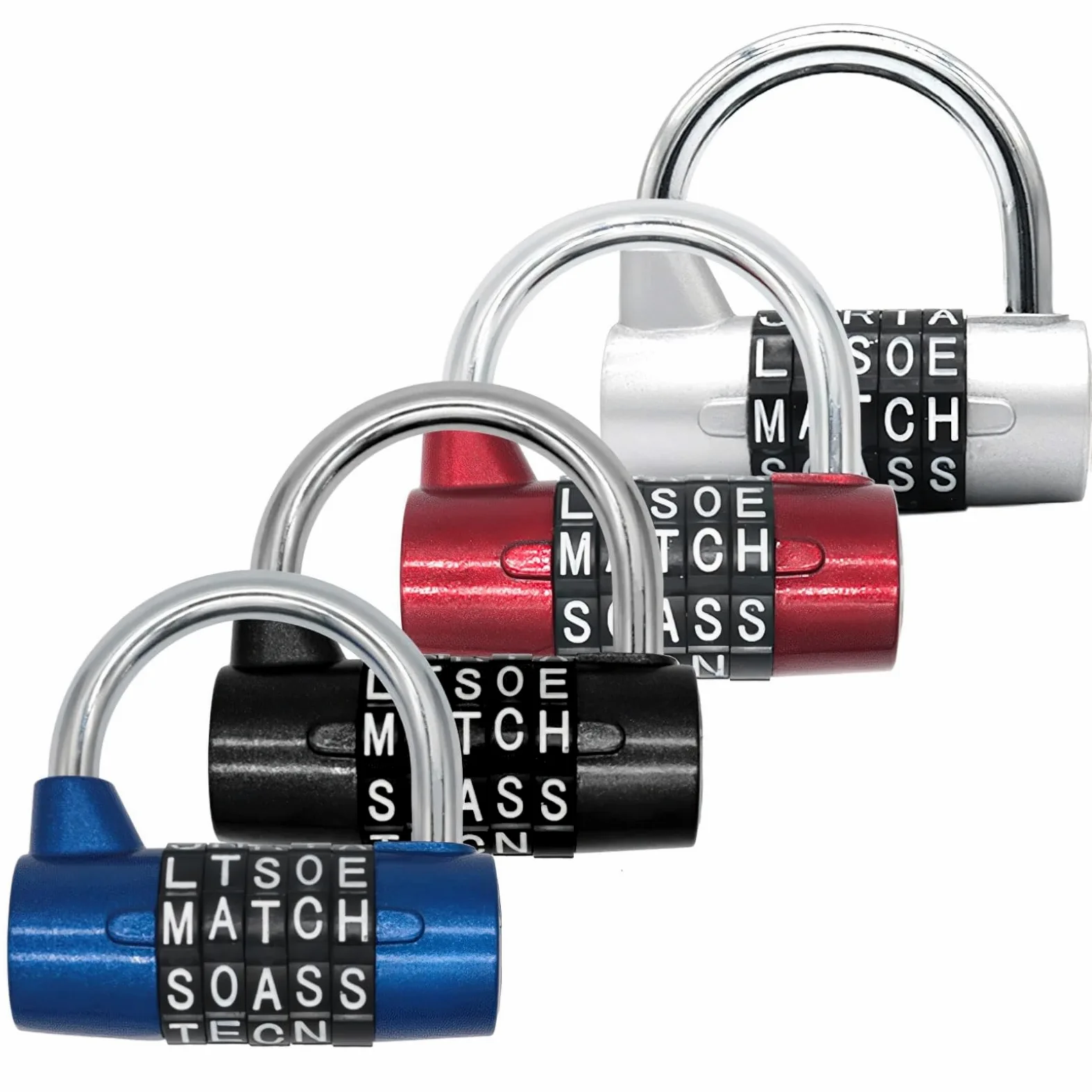 Lucchetto a combinazione a 5 lettere, codice regolabile, qualità e sicurezza, antiruggine, ideale per scuole, palestre, 4 pezzi, disponibile in rosso, argento, nero e blu