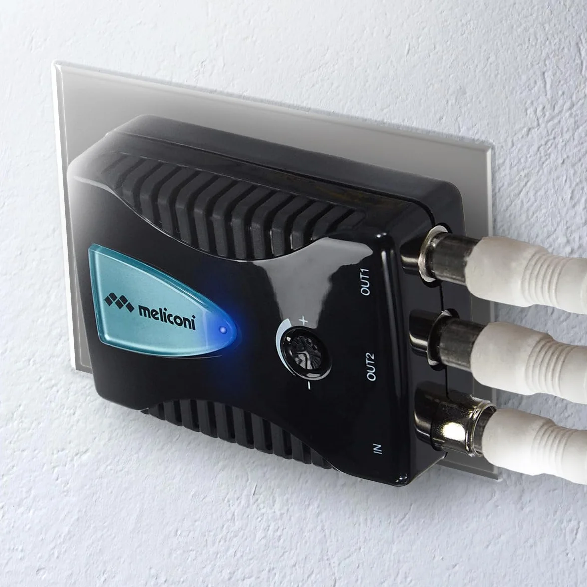 Meliconi AMP200, Amplificatore Segnale Digitale Antenna TV, a 2 Vie, Alimentazione Diretta 230 Vac / 50 Hz 3W, Gamma di frequenza 40 – 790 MHz, 1 ingresso / 2 uscite 75 Ohm, fino a 20 dB