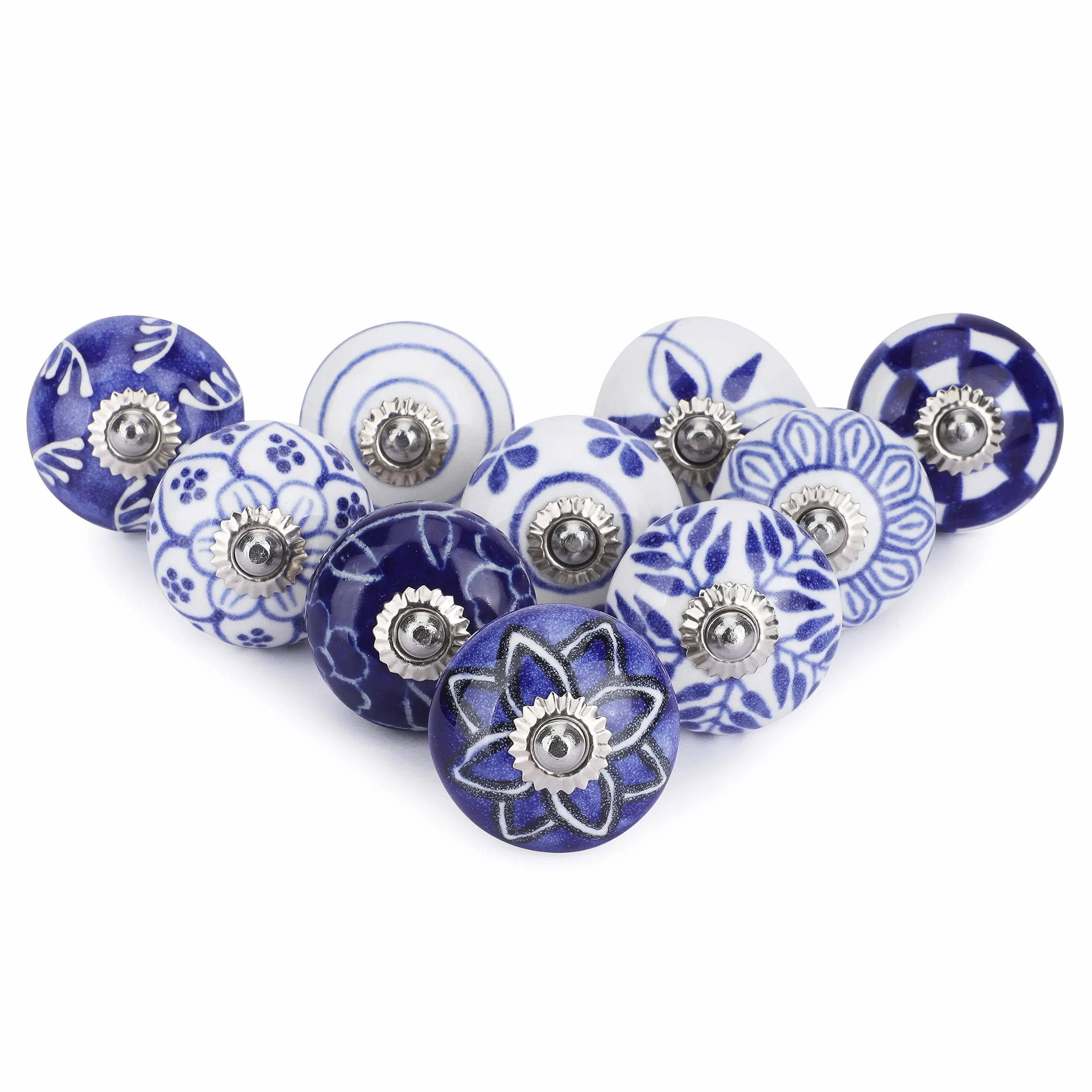 Set da 10 Pomelli Cucina in Ceramica Blu e Bianco Dipinti a Mano – Maniglie Decorative per Mobili con Viti