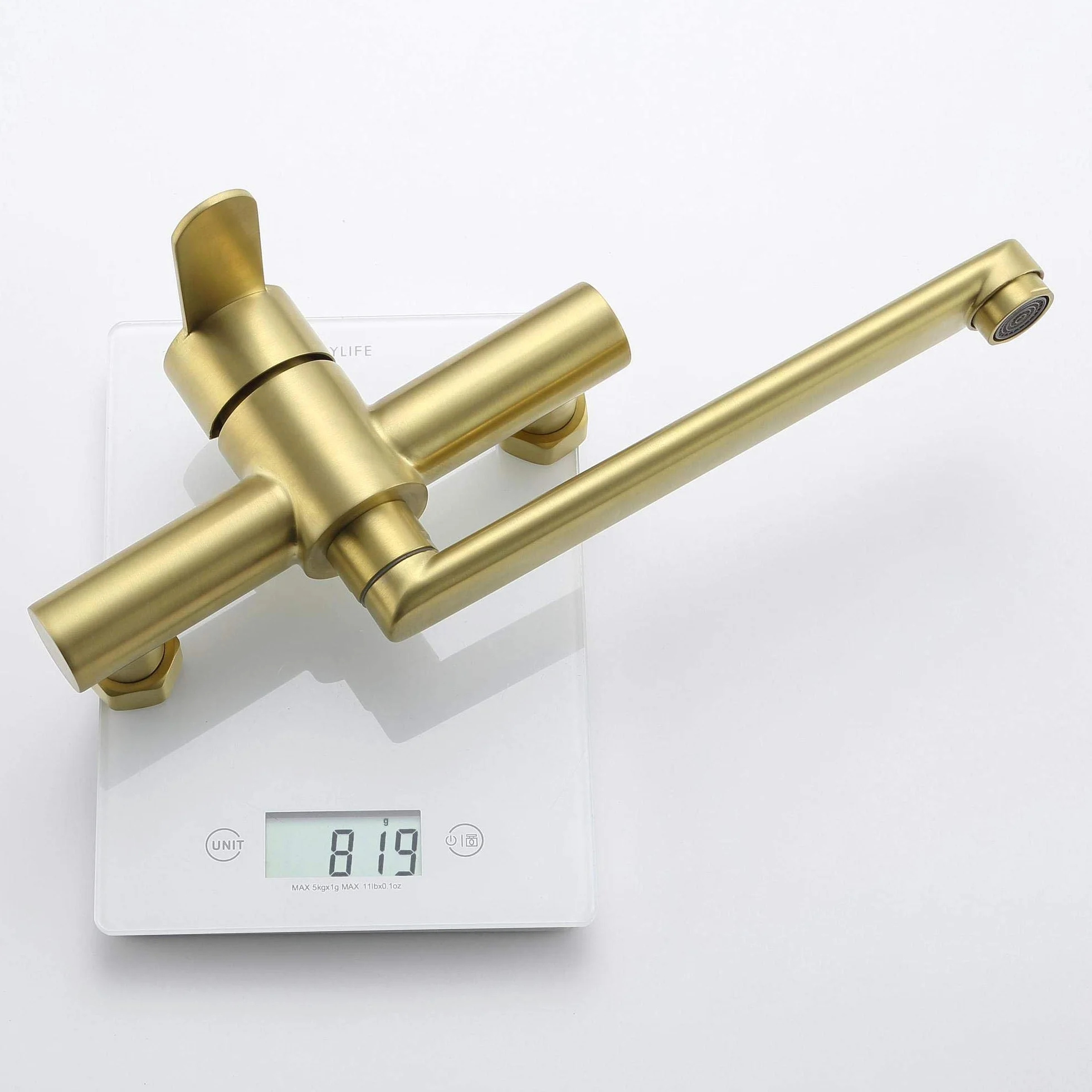 HomeLava Rubinetto oro spazzolato, Rubinetto cucina a muro, Miscelatore monocomando girevole a 360°， Acciaio inossidabile 304, Tubo rotante 23cm
