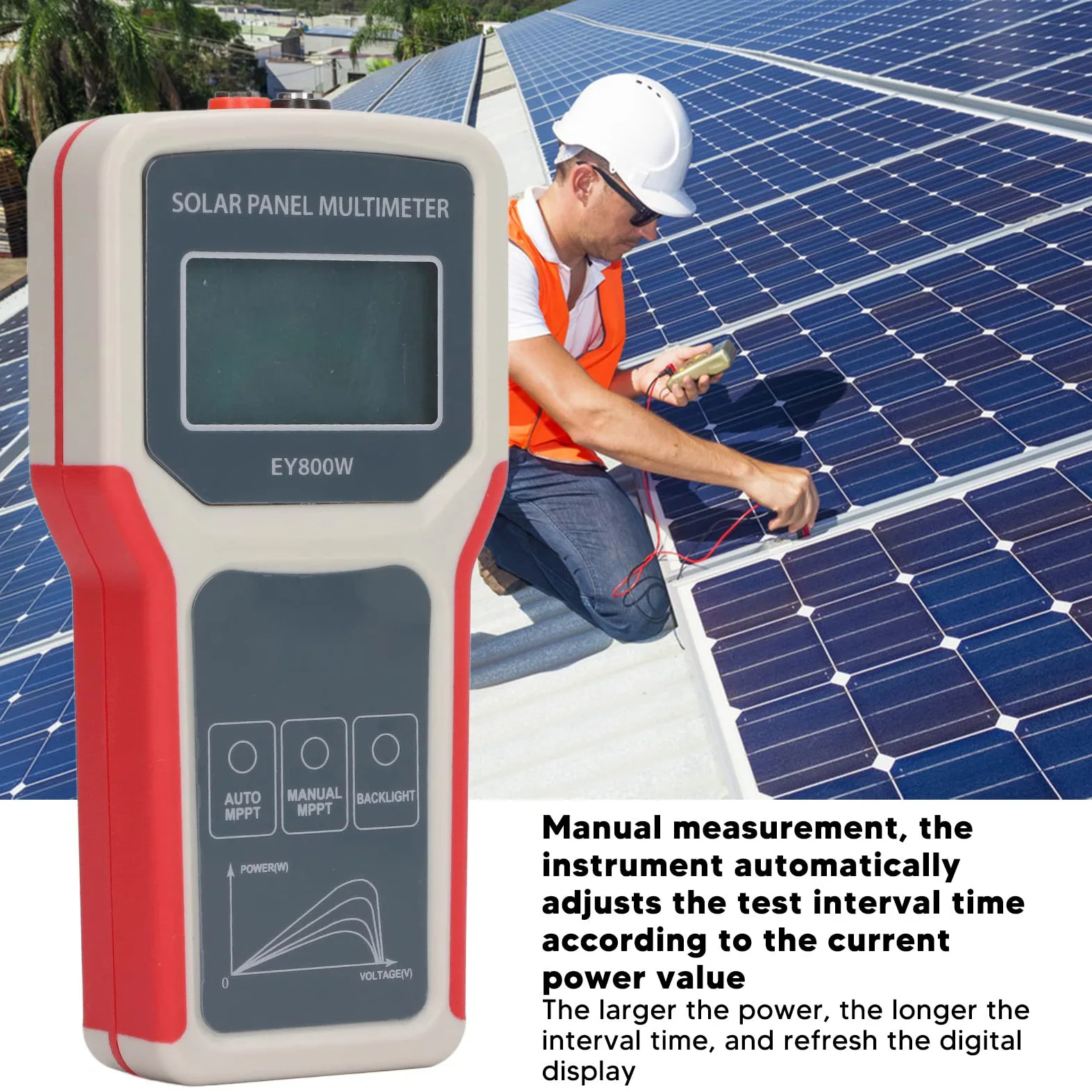 Multimetro per Pannelli Solari, Tester MPPT per Pannelli Fotovoltaici con Display LCD HD, Test Automatico/Manuale, Misuratore di Potenza