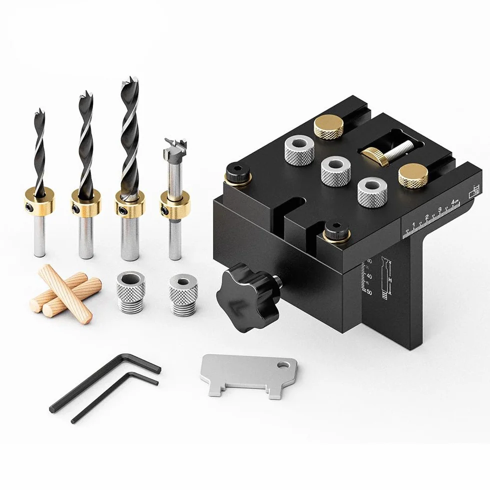 Kit Guida per Trapano 3 in 1 Dima per Spinatura Legno 6/8/10/15 mm 5 Fori Perforazione
