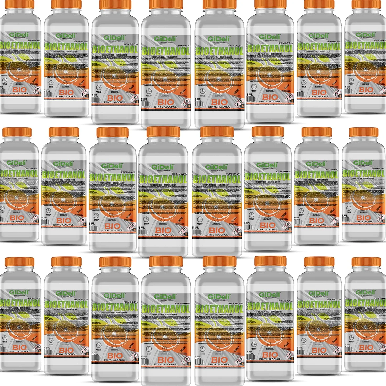 GiDeli Bioetanolo, 24 x 1 l, profumo di arancia, 96,6% etanolo, per camini interni ed esterni, senza fumo e fuliggine, da mais e barbabietola da zucchero