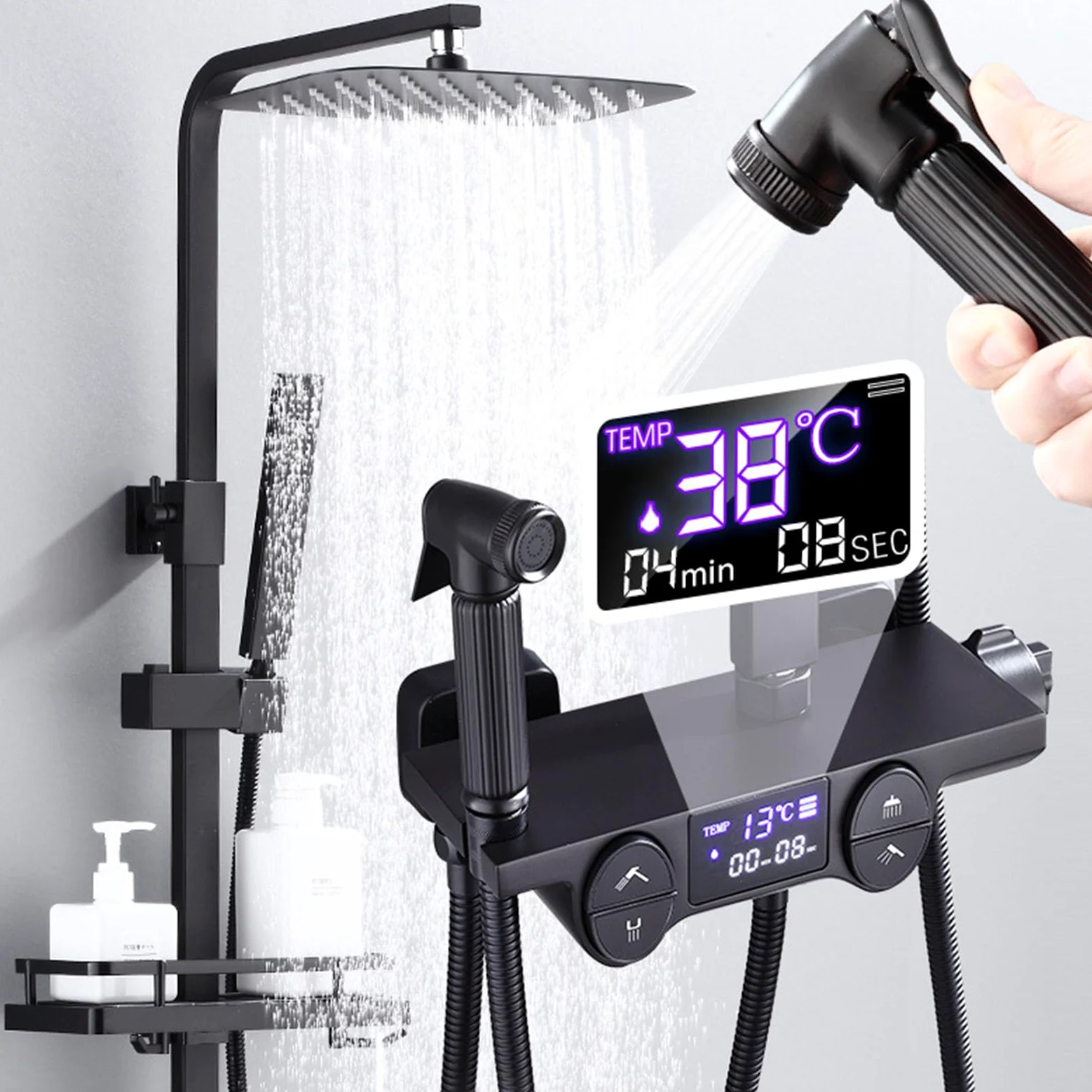 Sistema Doccia Nero con Display Digitale, Set Rubinetto termostatico per Bagno a 4 Vie con beccuccio per Vasca, soffione a Pioggia da 10", doccetta e doccetta per Bidet