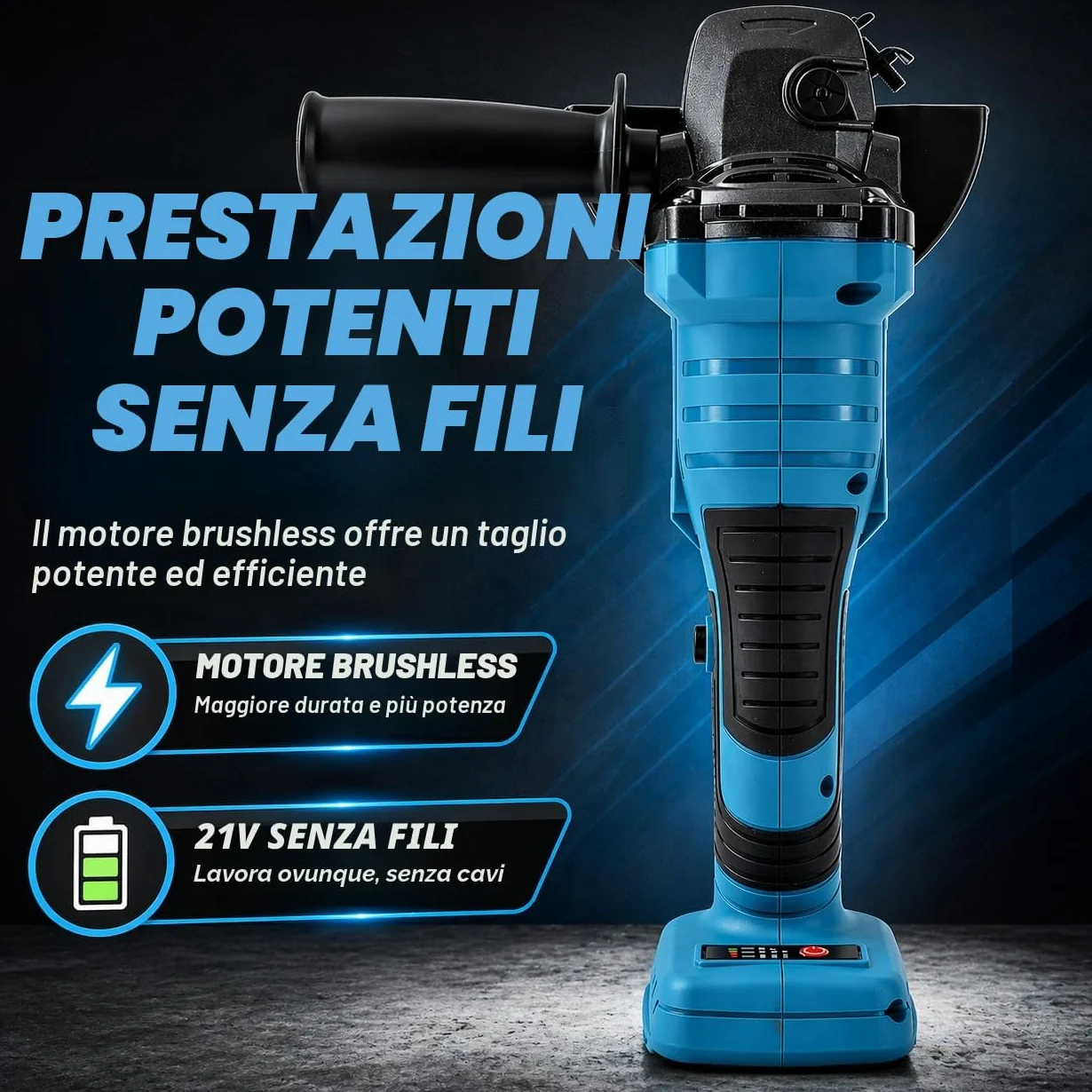 Smerigliatrice Angolare a Batteria Brushless 21V KATSU FIT-BAT, 115mm con Motore Brushless per Taglio Lucidatura Smerigliatura, 3 Velocità, Batterie non Incluse (solo Macchina) 102606