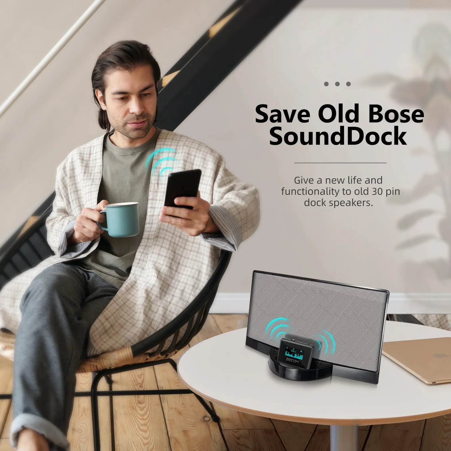 ZIOCOM Ricevitore Adattatore Bluetooth 30 Pin per iPod Bose SoundDock e Altri Altoparlanti Dock a 30 Pin, Schermo LCD Unico, Batteria Integrata, Supporta Simultaneamente 2 Dispositivi (Non per Auto)