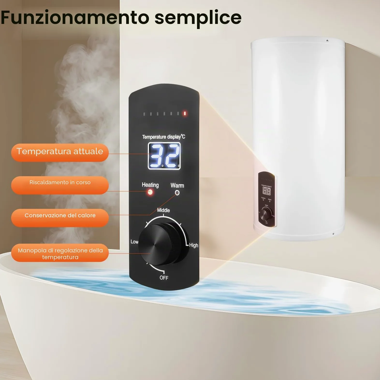 Scaldacqua istantaneo con serbatoio da 80 litri, scaldabagno elettrico con rubinetto e doccetta, dispositivo con contenitore interno smaltato, scaldabagno digitale con indicatore LED per bagno