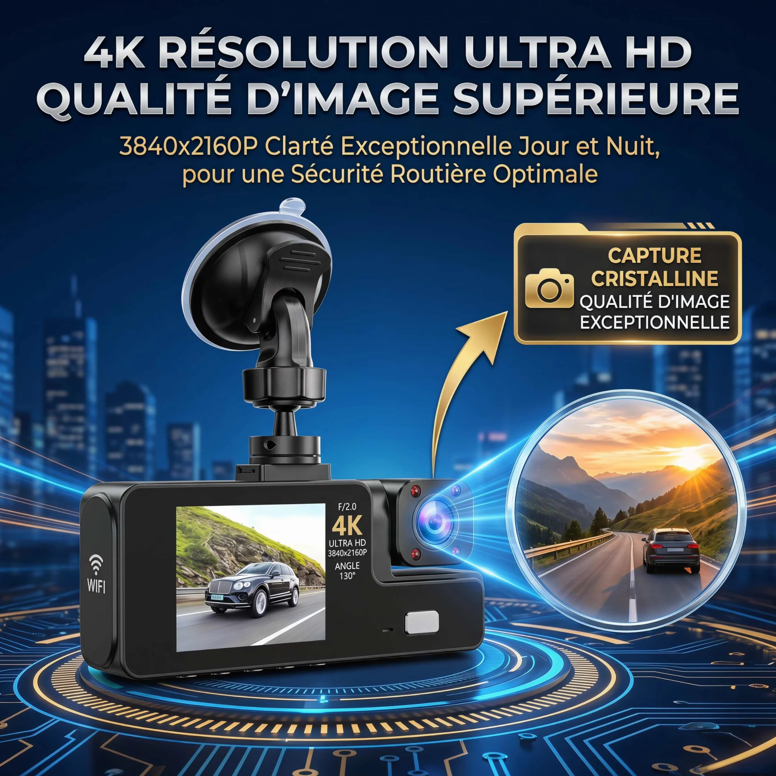 Telecamera Dashcam 3 telecamere 1080P Full HD | Massima sicurezza a 360° senza angolo morto, visione notturna e parcheggio monitorato, WiFi integrato rilevamento del movimento, ideale per i conducenti