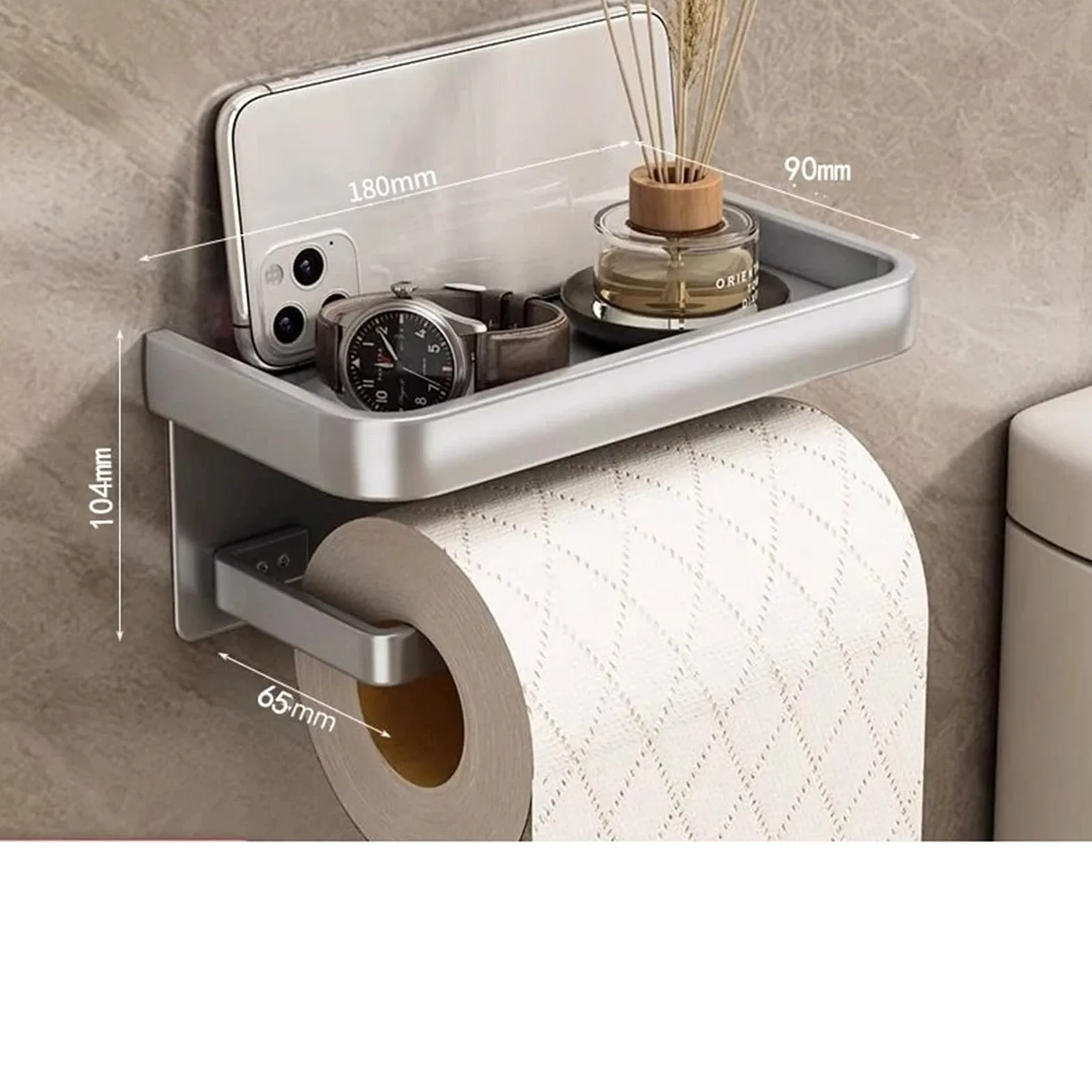 Portarotolo WC adesivo con mensola Porta carta igienica senza foratura | Ripiano portaoggetti for dispenser di fazzoletti for carta in rotolo for bagno(JS A silvery rack)