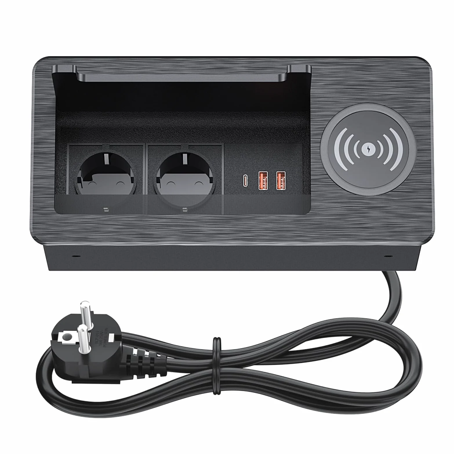 Ciabatta elettrica a scomparsa a 2 prese con 2 USB-C PD 20 W e 1 USB-A, presa da incasso in alluminio con cavo da 2 m, colore nero