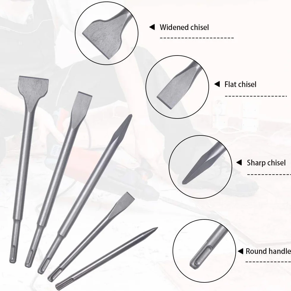 Flintronic Set di 5 scalpelli SDS Plus, 2 a punta e 3 piatti, per calcestruzzo e piastrelle