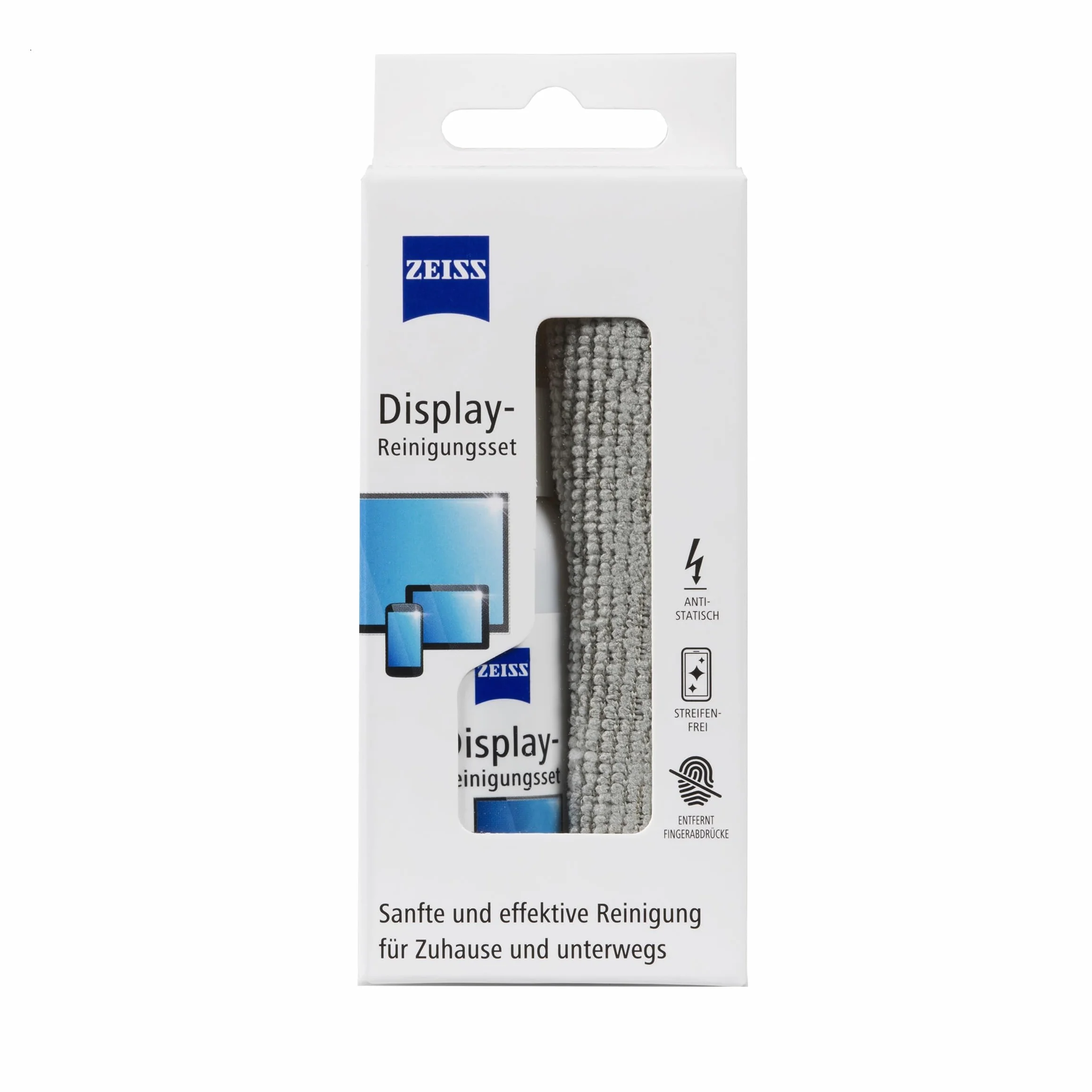 Zeiss Spray detergente per display con contenuto da 120 ml, incluso un panno in microfibra per una pulizia sicura ed efficace di superfici ottiche, senza alcool, antistatico, 606243, bianco