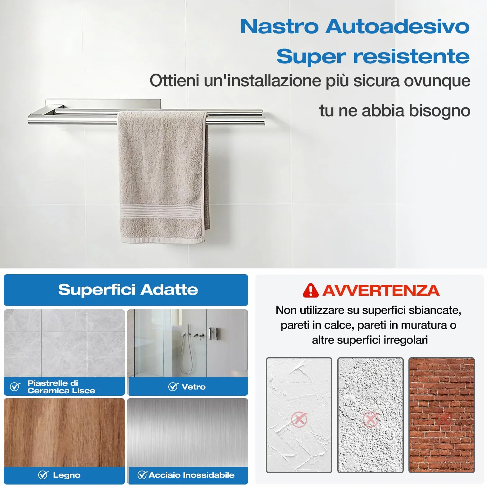 Portasciugamani Senza Foratura in Acciaio Inox SUS304 Autoadesivo 39 cm 2 Bracci Antiruggine per Bagno