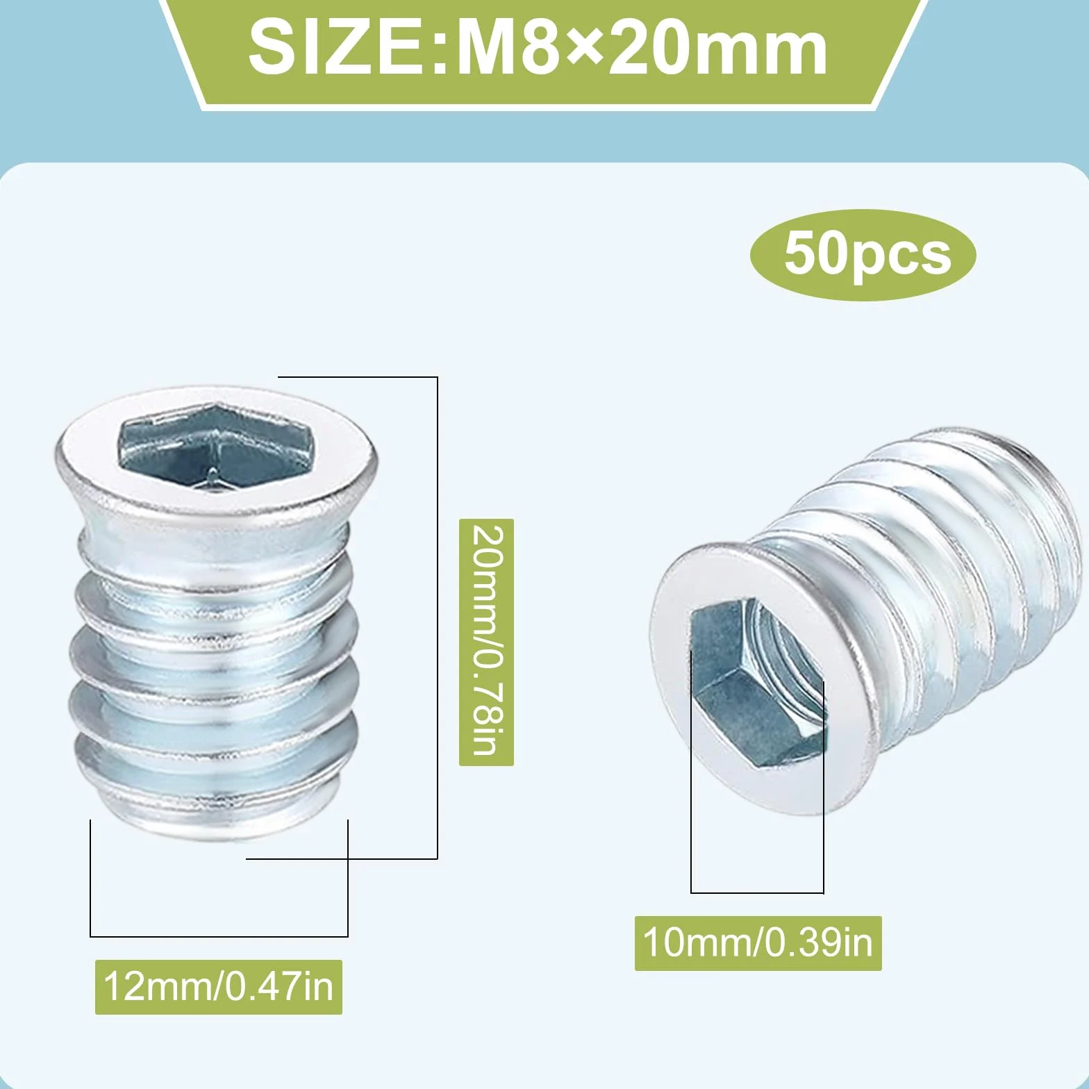 Inserti Filettati M8 x 20 mm Boccole Filettate per Legno in Lega di Zinco 50 Pezzi