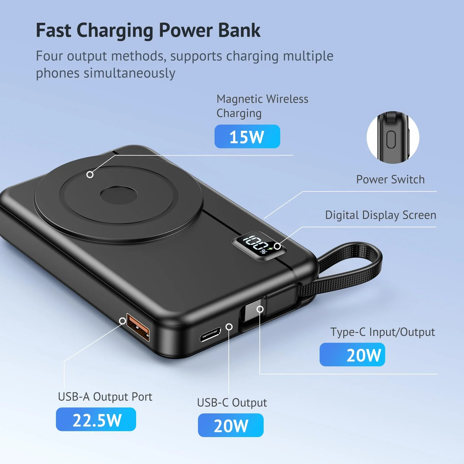 Magnetic Power Bank – Compatible with iPhone 16 15 14 13 Series Wireless Charger 10000 mAh Portable Powerbank Battery Pack Quick Charger External Battery con ingresso e uscita di tipo C, display a LED