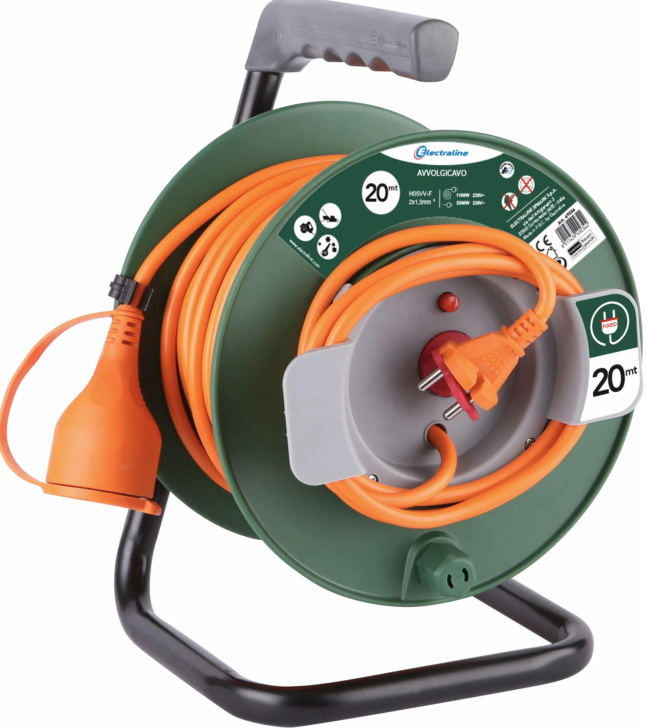 Electraline 49234 Prolunga Giardino con Avvolgicavo, Spina e Presa Europea 2 Poli Adatta per Elettrodomestici da Giardinaggio, con Protezione, 20 Metri