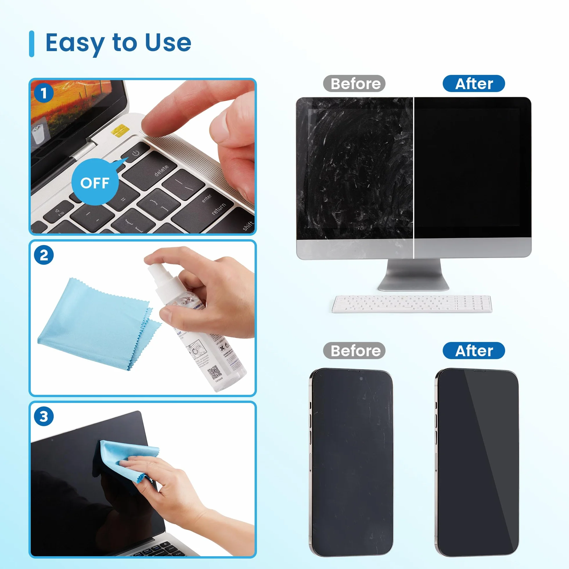 Ewent Kit di Pulizia per Schermi, Smartphone, iPad/Tablet, Occhiali, Lettori eBook, Monitor, Touchscreen e TV, 100 ml Detergente Spray + Panno in Microfibra (20x20cm), Senza Striature e Senza Strisce