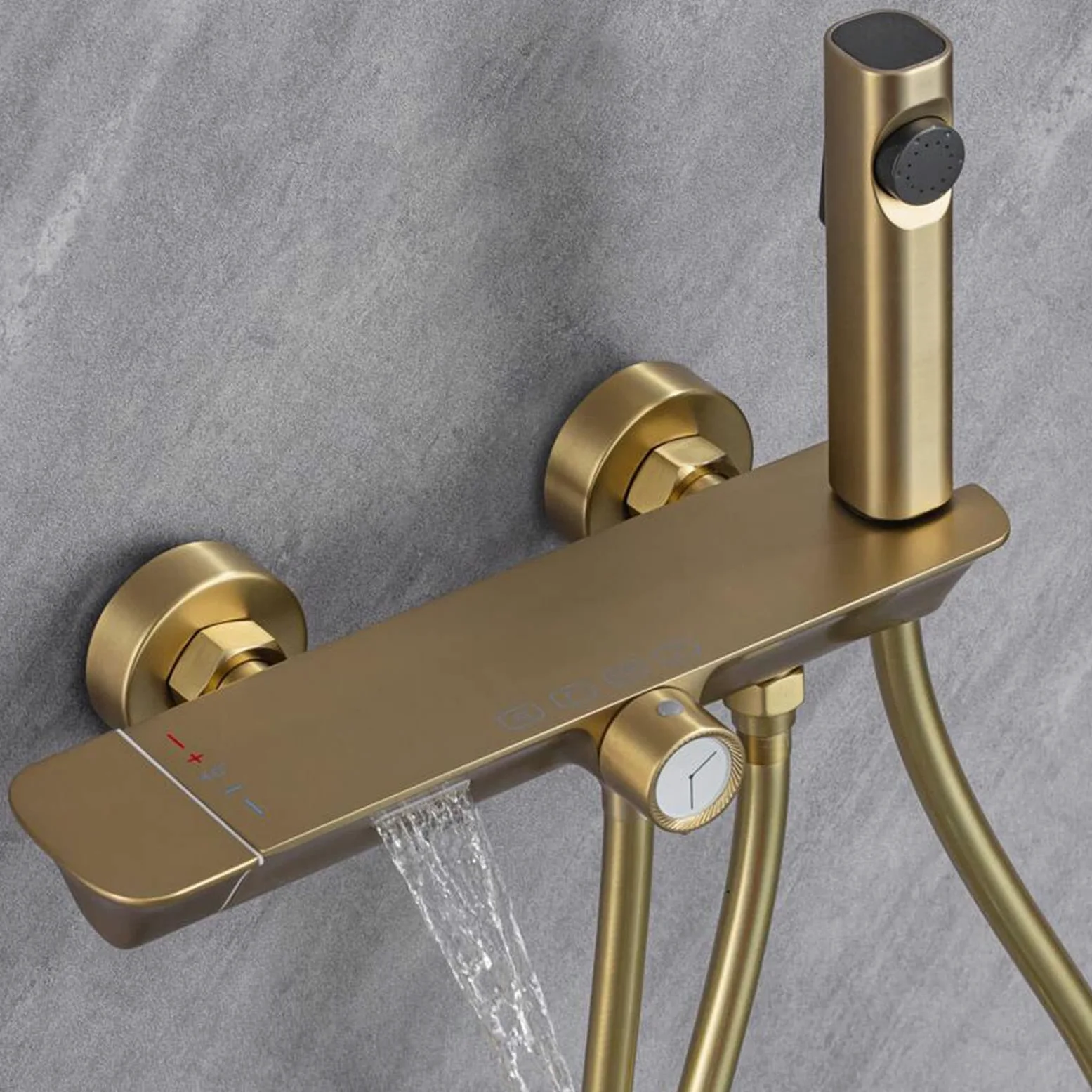 Rubinetto per Vasca da Bagno a Parete, con Cascata, con doccetta, doccetta per Bidet, Set Doccia termostatico, Rubinetto con Maniglia Singola, Oro Spazzolato, Spazzolato G (Nero)