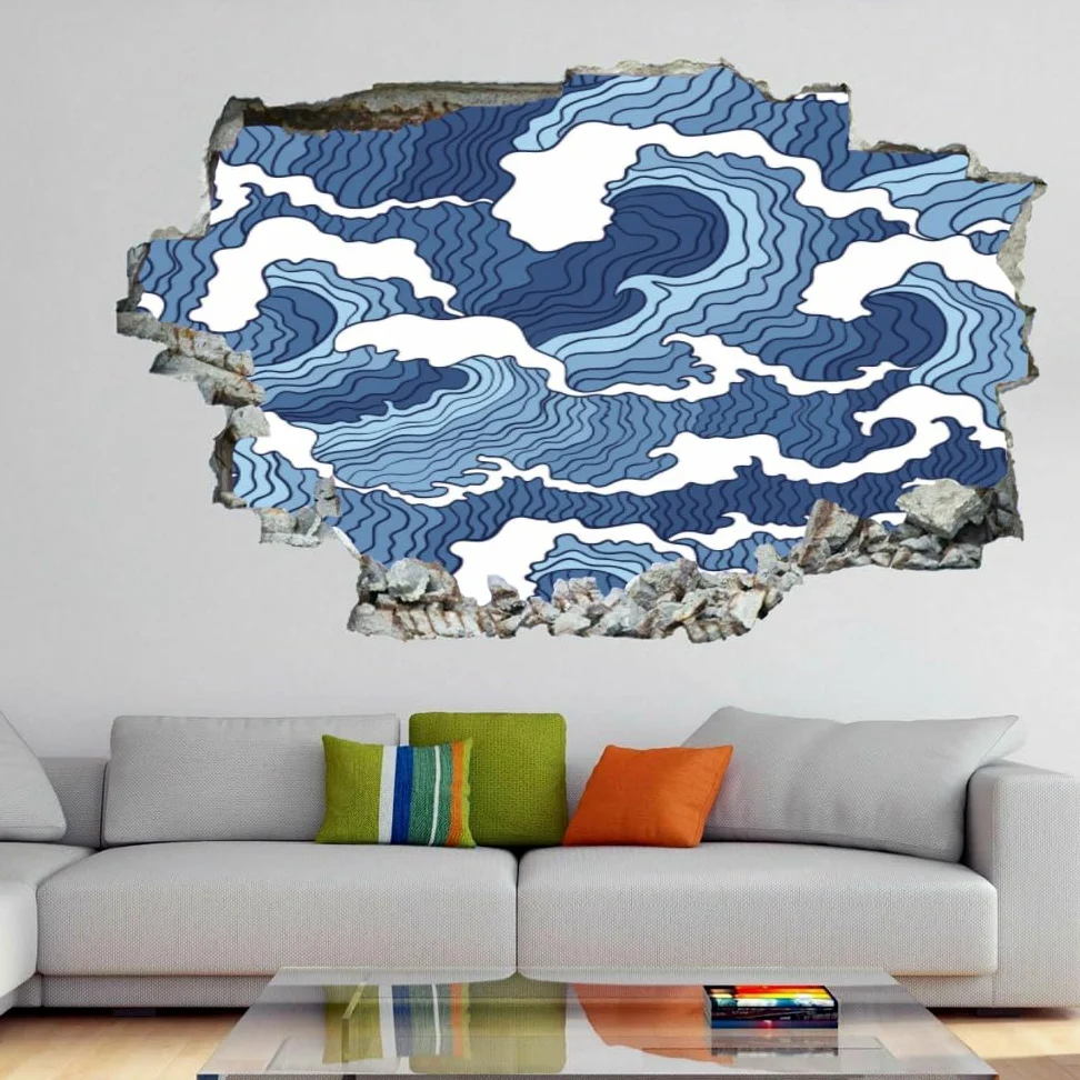 Adesivi murali 3D Murales fracassati Onde blu Decalcomanie da pavimento rimovibili Arte Arte astratta per camera da letto Soggiorno Porta del bagno Cucina Ufficio Nursery Decorazione murale