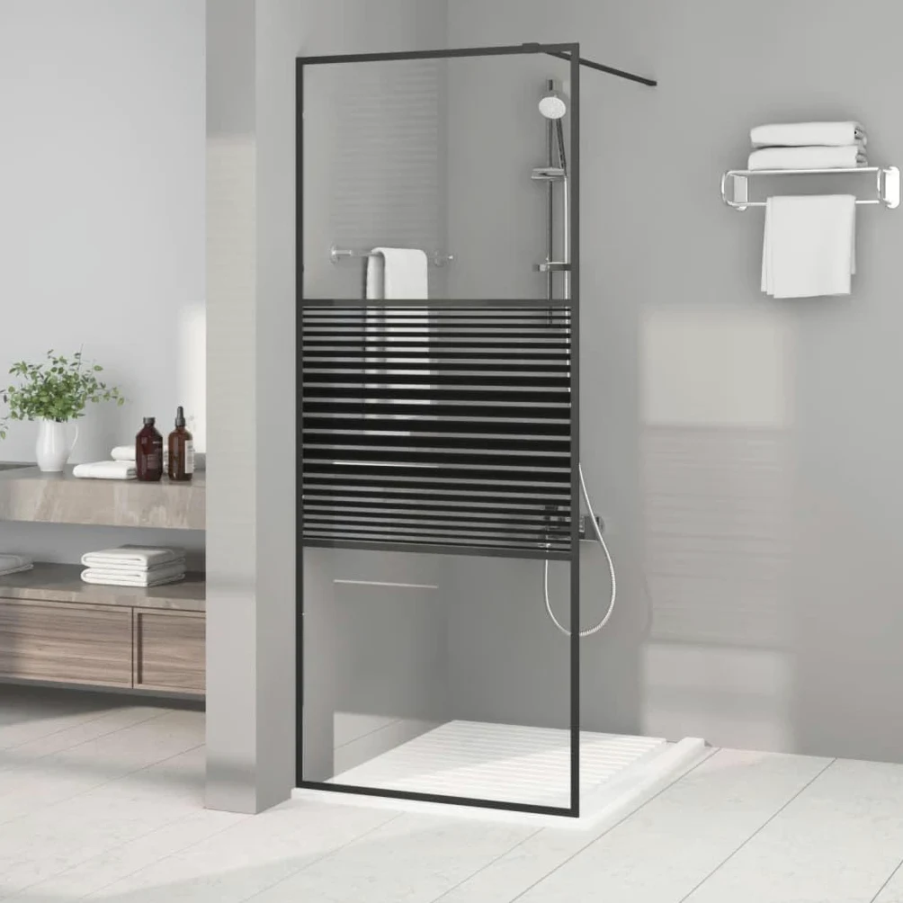 Parete doccia per doccia a pavimento, nero, 80 x 195 cm, vetro ESG trasparente, telaio in alluminio con asta di supporto, paraspruzzi e profilo regolabile, per doccia Walkin, vasca da bagno