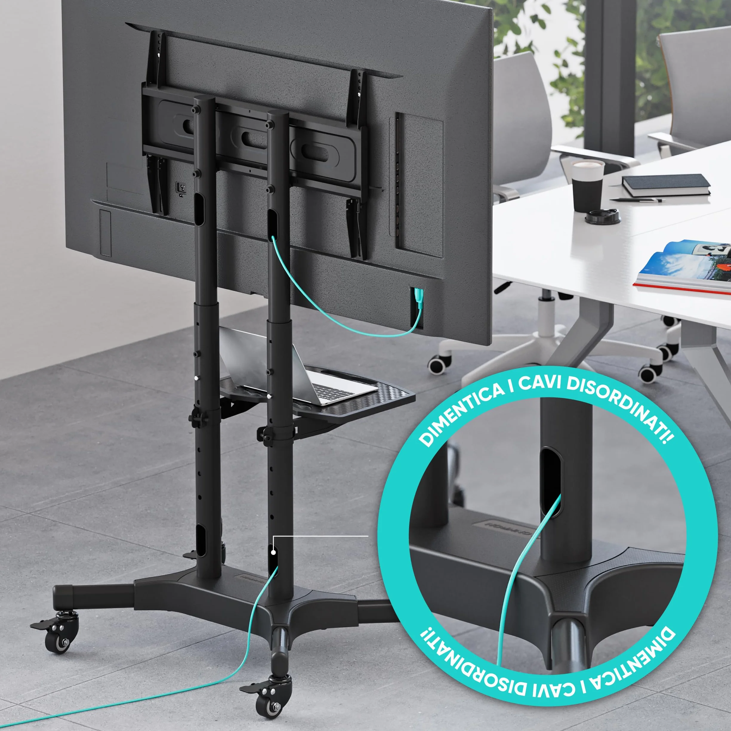 ONKRON Supporto TV da Pavimento 32" - 65", Carico max 50 kg, Porta televisore mobile VESA 100x100-600x400, Carrello TV con Ruote e Ripiano, Piedistallo da Terra, Altezza regolabile, Nero, TS1351-B