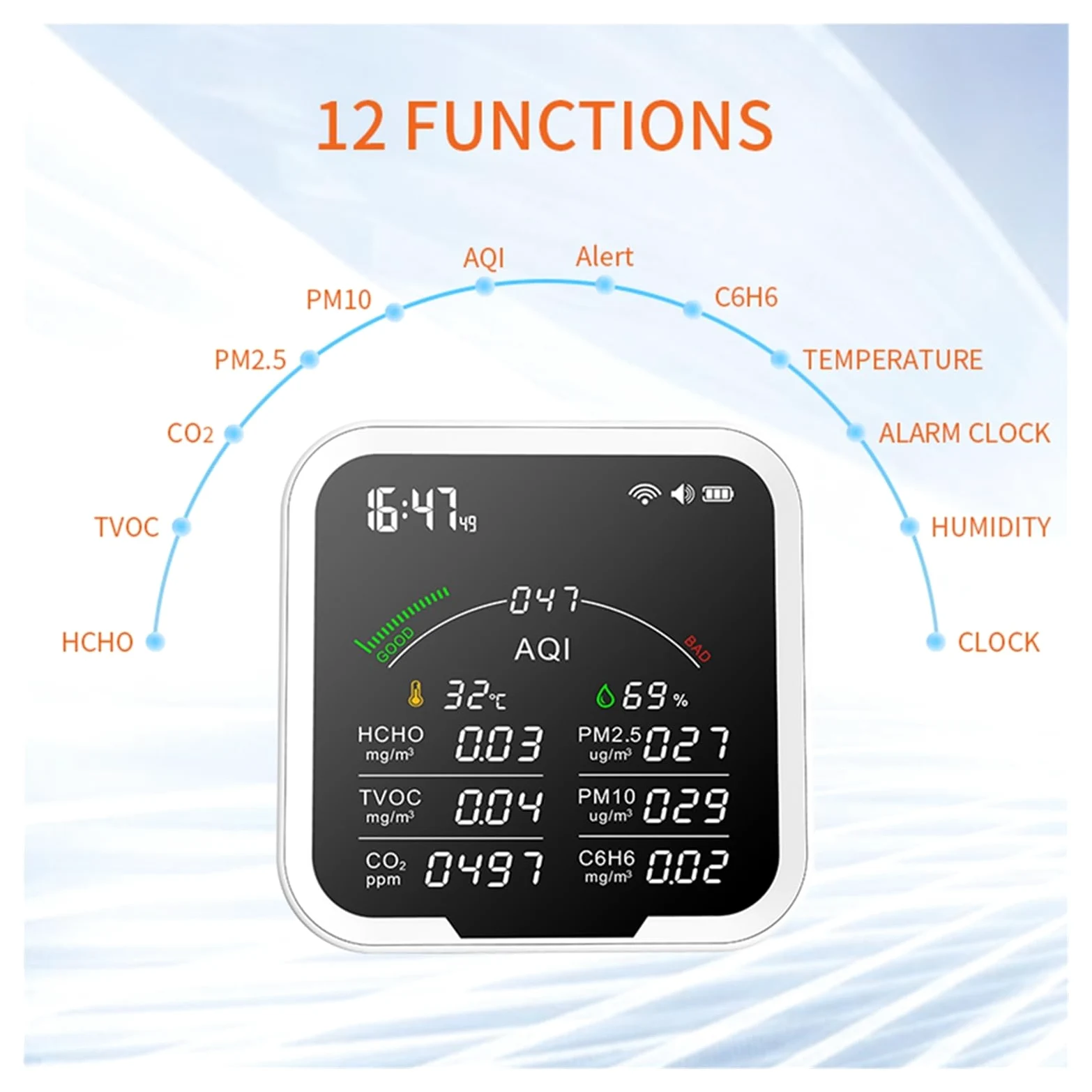 Misuratore di qualità 'aria portatile HCHO/TVOC/CO2/PM2.5/PM10/AQI/C6H6 Tester umidità a temperatura Rilevatore anidride carbonica con schermo da 4.8 pollici,Alta Precisione