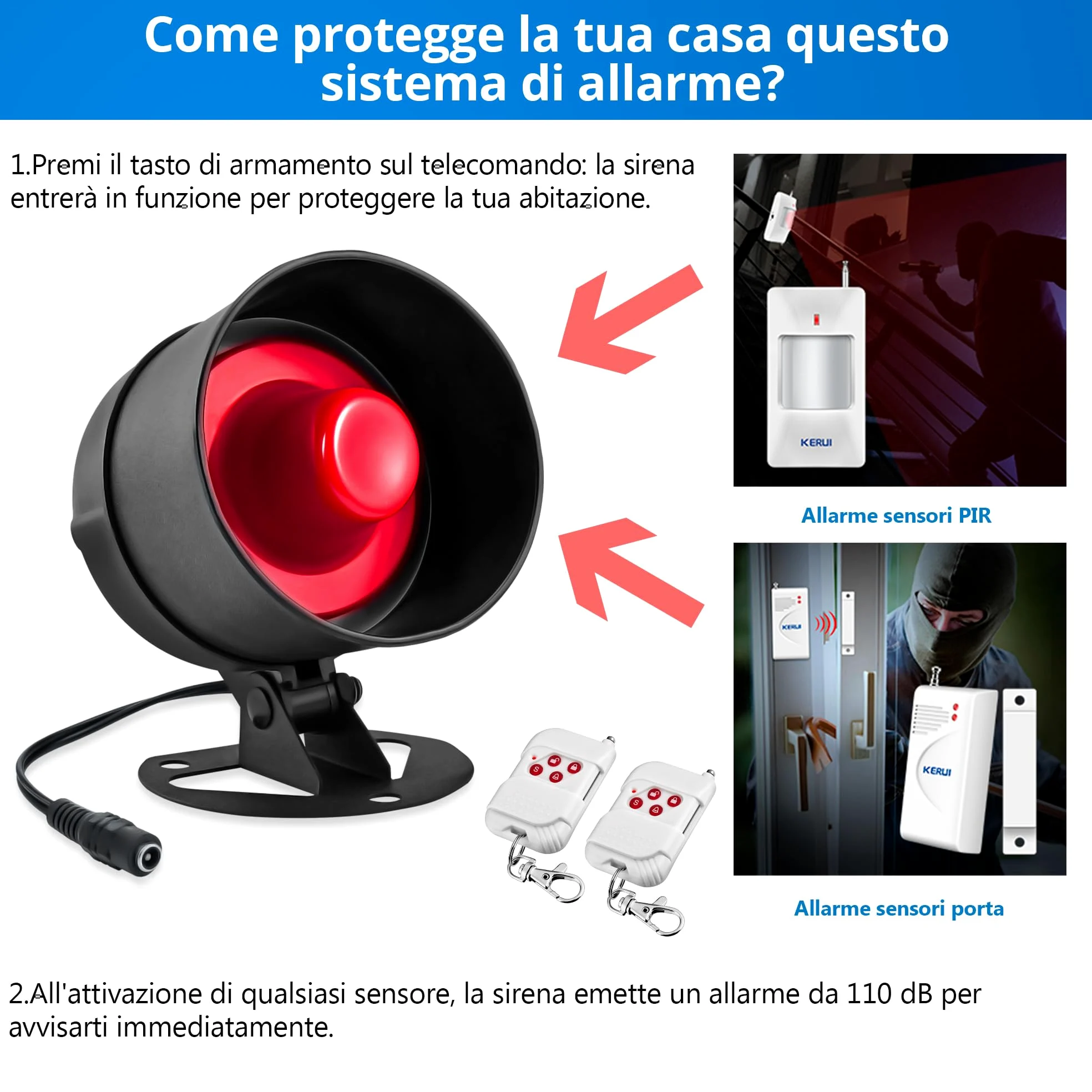 Kit di Allarme Antifurto Wireless per Porta 120dB, Allarme Casa con Sensore di Contatto per Porta e Controllo Remoto, Sistema di Sicurezza per Casa, Appartamento, Capannone, Garage