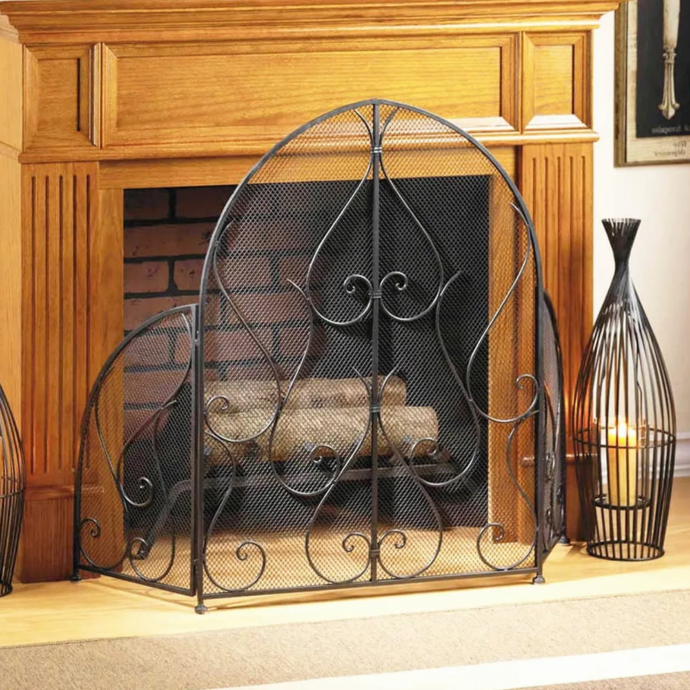 Schermi per Caminetti di Guardia Ferro battuto Tri-Fold Camino Separè con Net ignifugo casa Spark schermata del pannello decorazioni Guardrail Retro 33.4 pollici Accessori per Caminetti in Rete Decora
