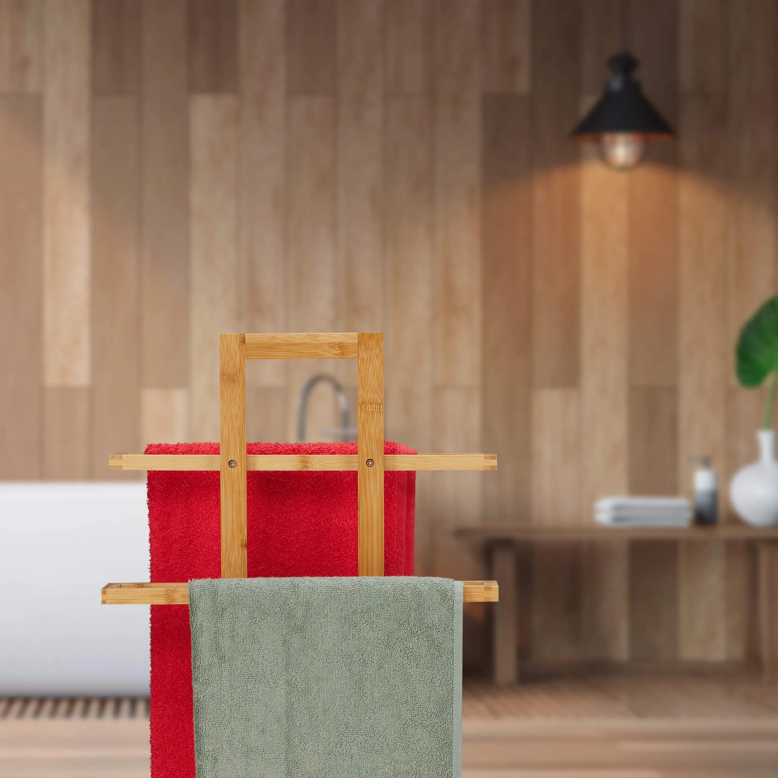 Relaxdays Portasciugamani da Terra Bambù, Arredo Bagno, Design Naturale, 2 Bracci per Asciugamani, Accappatoi, Marrone