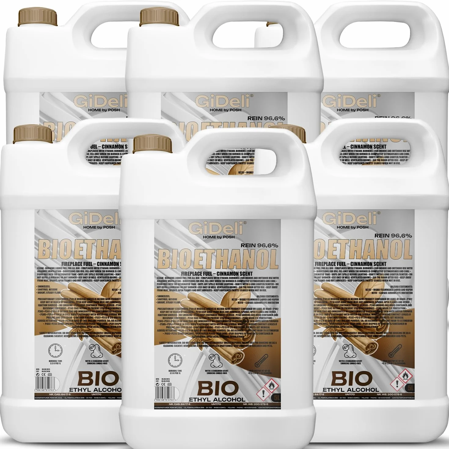 GiDeli bioetanolo 6 x 5 l con profumo di cannella 96,6% etanolo per camini interni ed esterni, senza fumo e fuliggine, da mais e barbabietola da zucchero