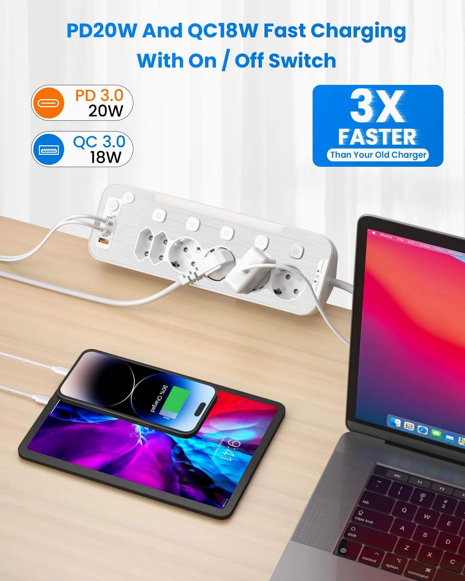 Ciabatta Multipresa da Scrivania,Multipresa Schuko Protezione Sovratensione | Presa Multipla Salvaspazio 6 Presa,Presa da Tavolo con USB C,Angolare Ciabatta Elettrica con Interruttore,Cavo 2 M,Bianco
