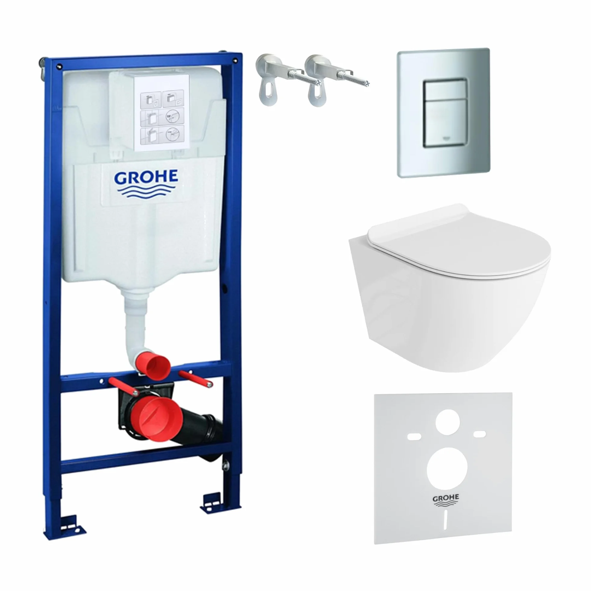 Grohe Elemento zestaw WC: piastra a leva cromata, lavabo Sofi bez obrzeża, sedile WC z cichym domykiem, wspornik ścienny