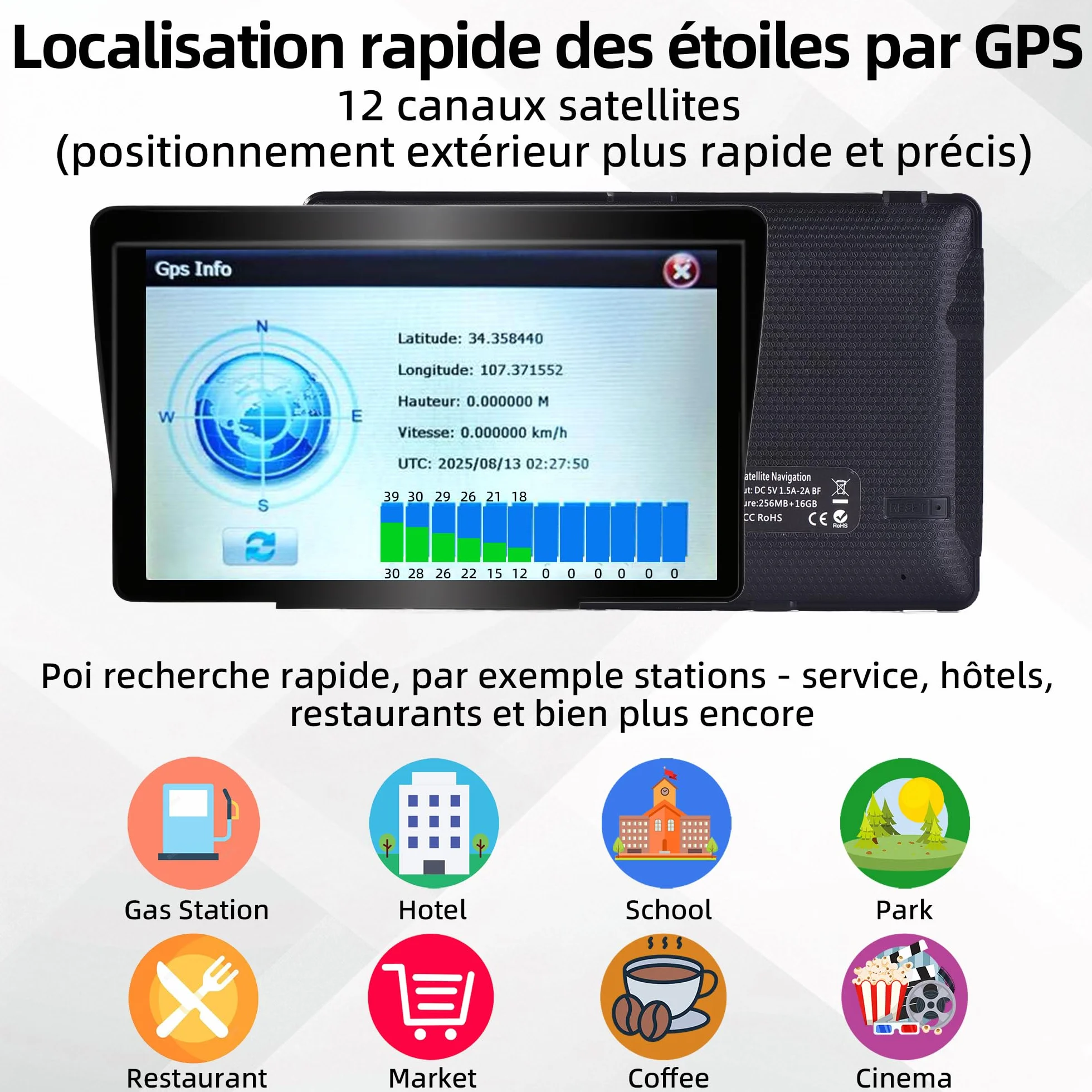 GPS Auto, Mappa dell'Europa 2025, 7 Pollici/18 CM, Navigazione Offline, Aggiornamenti gratuiti, Voci reali, Avviso Velocità & Poi, Francese Regolabile, per GPS Pesi Pesanti/Camping-Car/Camion,3D