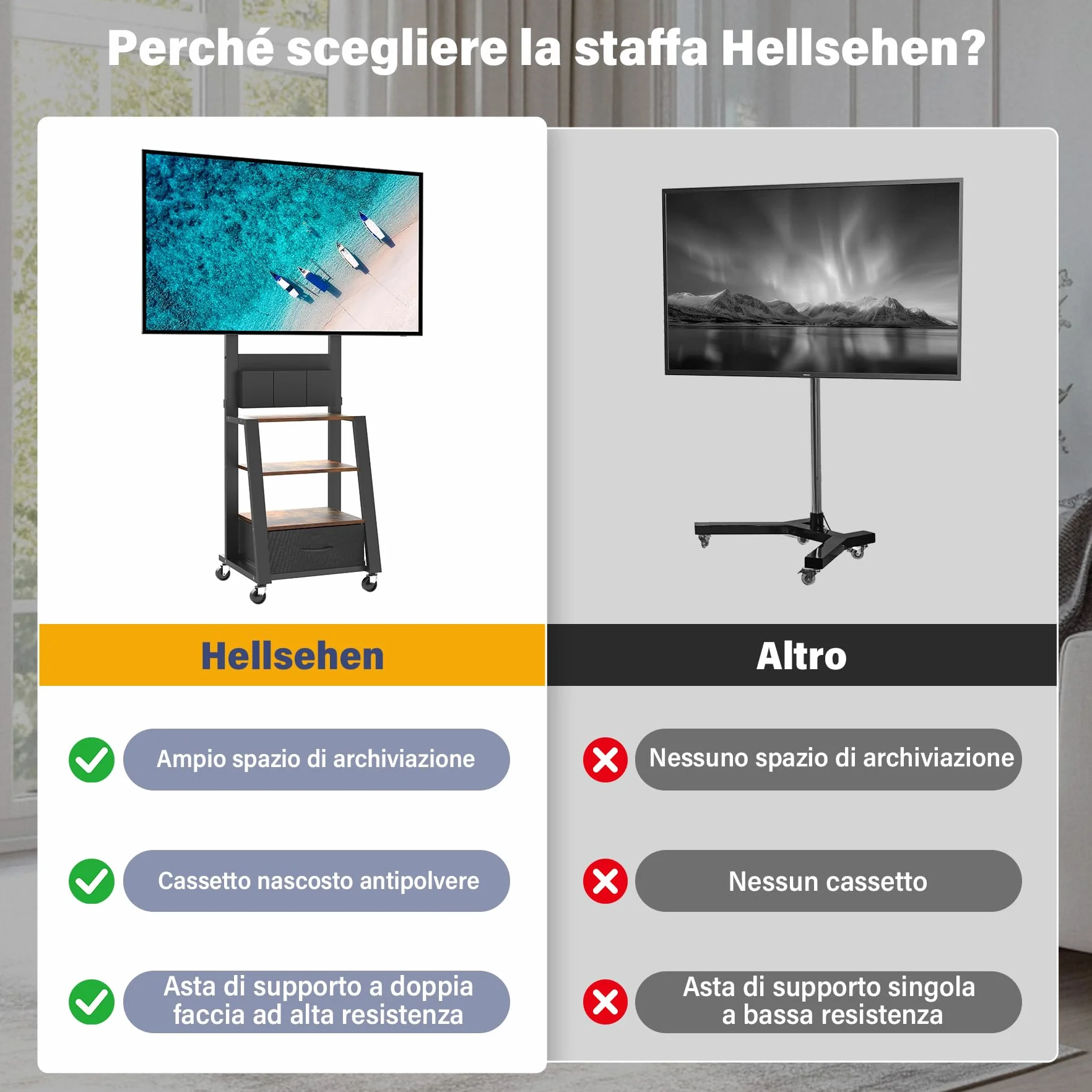 Mobile porta TV con ruote, cassetto e 3 ripiani per TV piatti/curvi da 23"-60", mas 72 kg, per LCD/LED/OLED. Carrello mobile con altezza regolabile per casa, ufficio e esterni, VESA mas 400x400mm