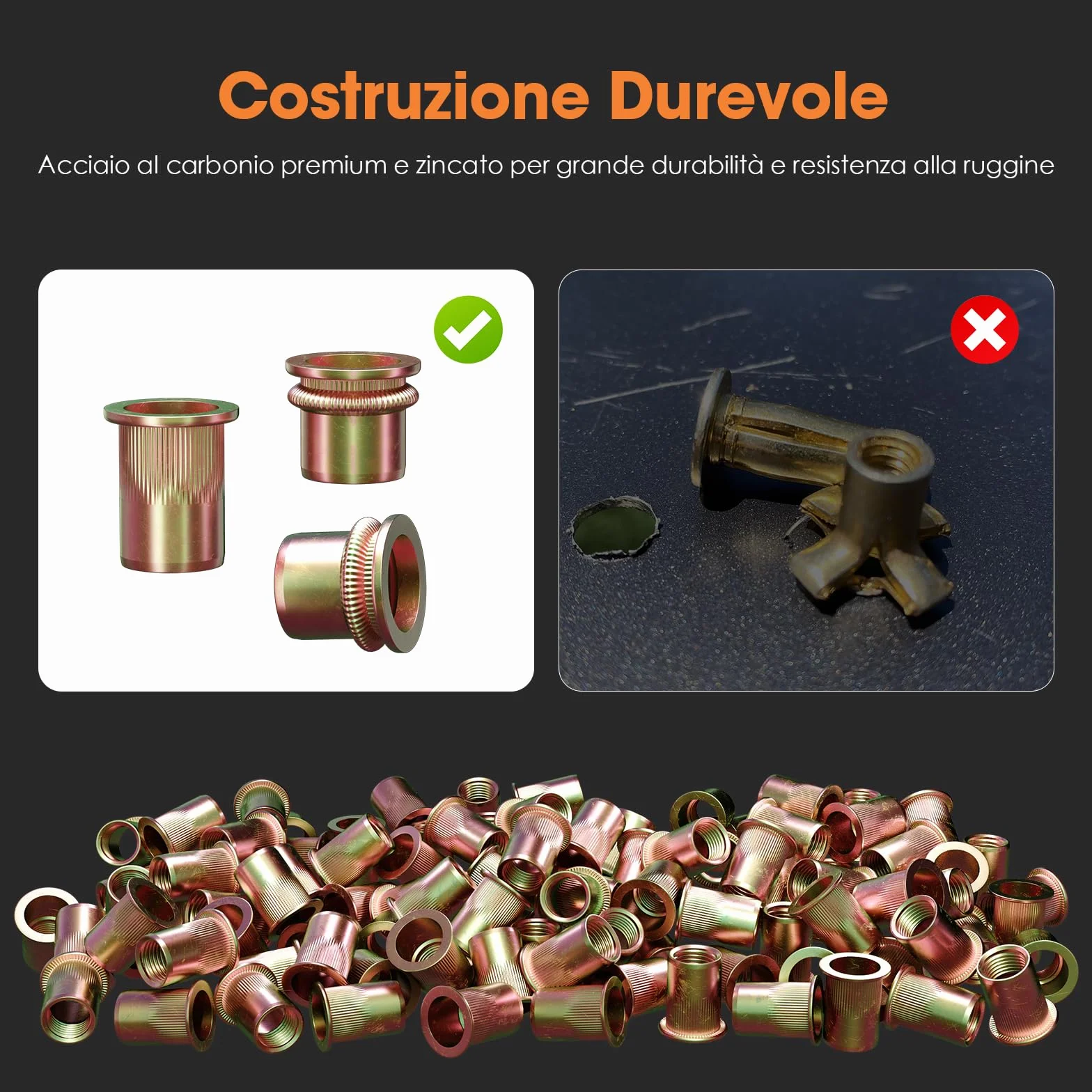 HANGLIFE Rivetti Filettati M8 Inserti Filettati 50 Pezzi Dadi per Rivetti a Testa Piatta Zincati Acciaio al Carbonio Corpo Zigrinato