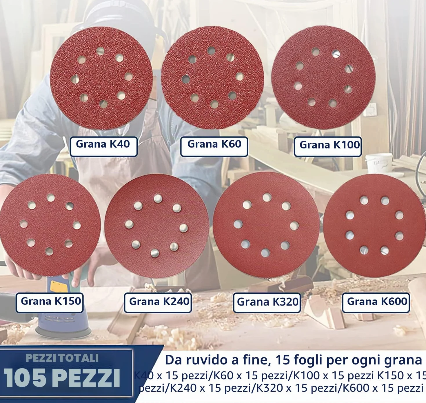 Dischi Abrasivi 125mm 8 Fori Carta Vetrata Levigatrice Orbitale Grana 40-600 105 Pezzi