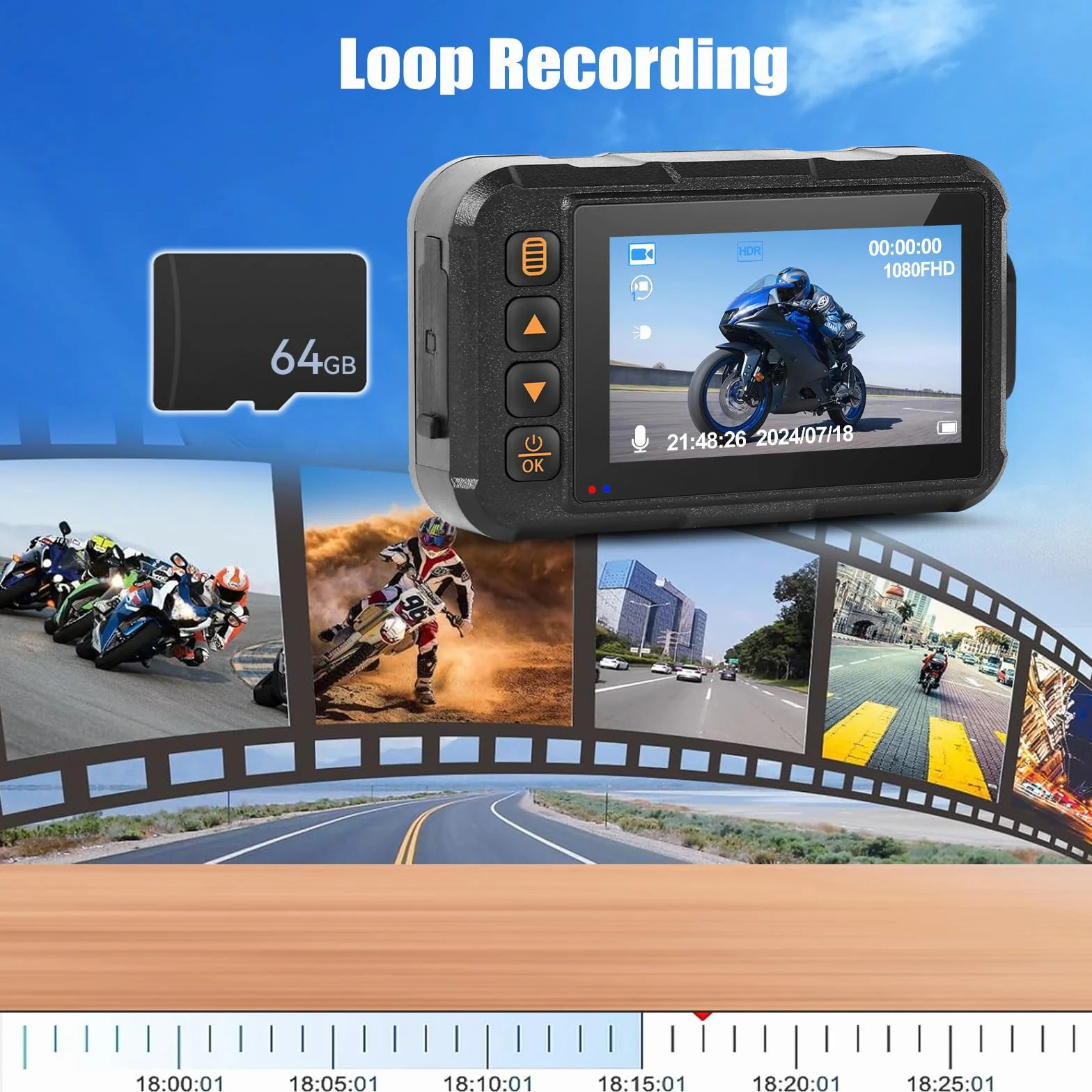 CAMECHO Moto Dash Cam 3 Pollici Schermo con 64GB TF Scheda, IP67 Impermeabile Doppia Telecamere Grandangolare 120 Gradi 90 Gradi Fotocamera per Moto con HDR, G-Sensor, Registrazione in Loop