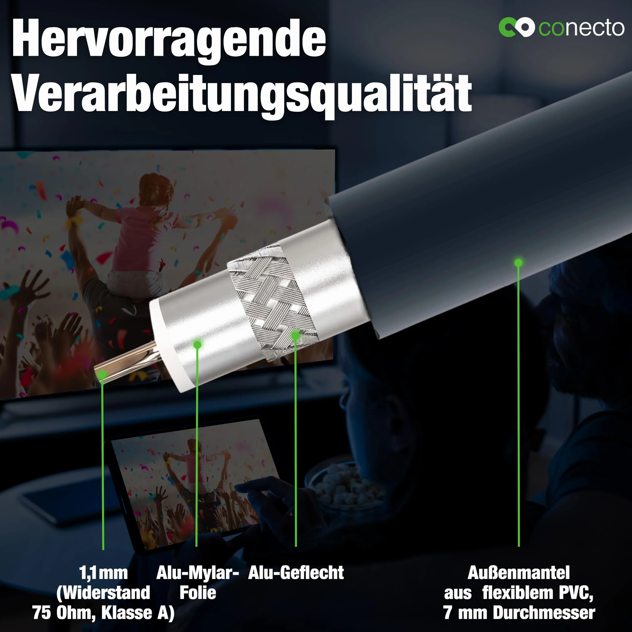 cavo antenna conecto cavo SAT cavo coassiale cavo satellitare TV 1,50 m doppia schermatura, da spina IEC a presa IEC, per HDTV, ricevitore, satellite, DAB, radio, nero