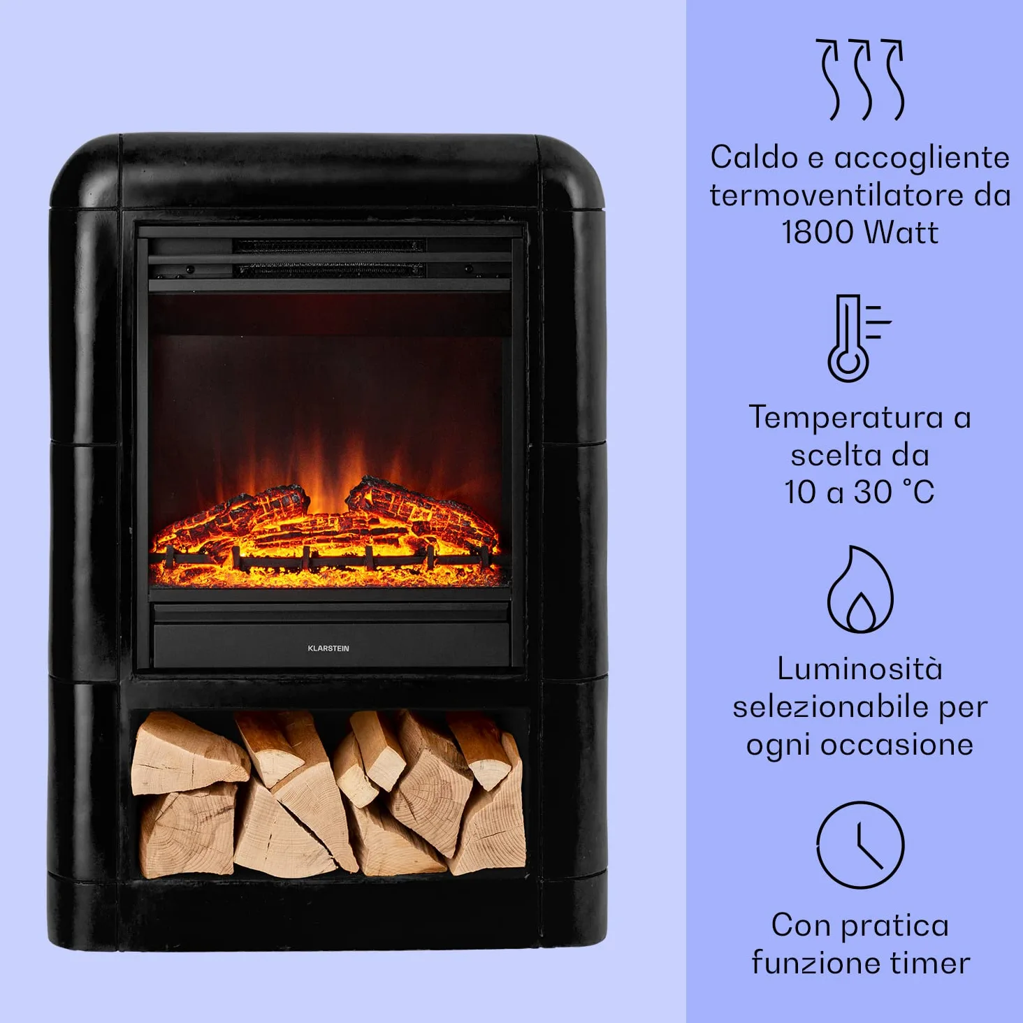 Klarstein Camino Elettrico, Camino da Terra con Mensola, Riscaldamento Elettrico con Fiamma LED, Caminetto Elettrico 1800W, Camino Finto con Telecomando, Timer, Controllo Temperatura, Termocamino