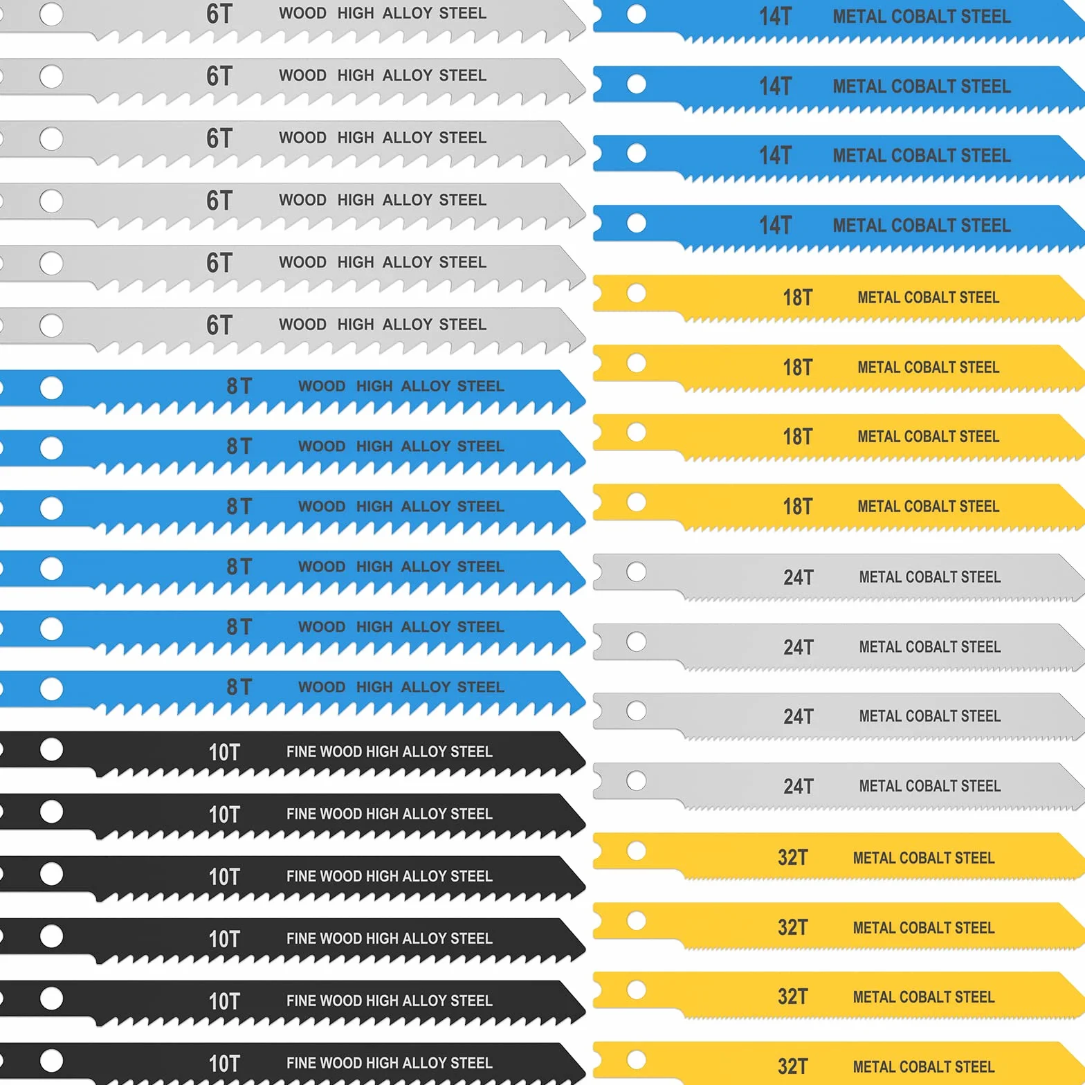 Set di 34 lame per seghetto alternativo 14TPI, 18TPI, 24TPI, 32TPI, 6TPI, 8TPI, 10TPI per il taglio di metallo, legno e plastica lama per seghetto alternativo in acciaio al carbonio per tagli veloci e
