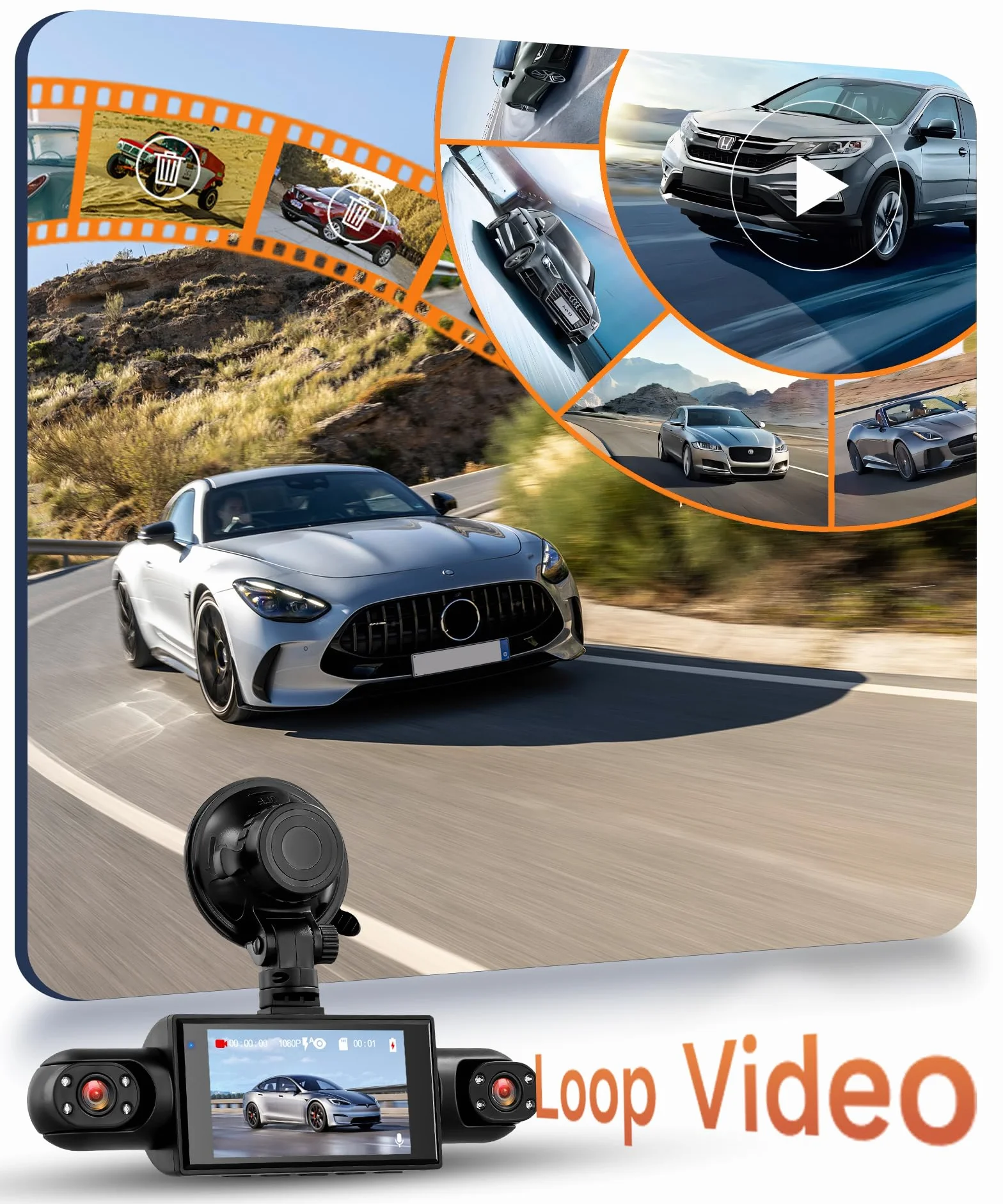 Rimoody 4 Canali Dashcam Auto 360°, 4 Telecamera HD 1080P Anteriore e Posteriore Sinistra Destra, 3 Pollici IPS Schermo Dash Cam con Visione Notturna 8 IR/Loop Video/24H Parcheggio Monitor