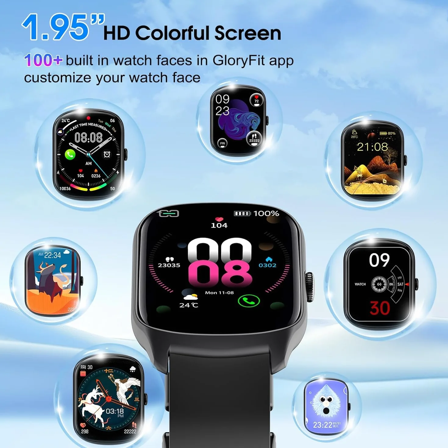 Smartwatch Uomo Donna, 1.95 schermo curvo Orologio watch Chiamate Bluetooth, 110+ Modalità Sportive Fitness watch, Contapassi Sonno Cardiofrequenzimetro, IP68 Smart watch per iOS/Android, Nero
