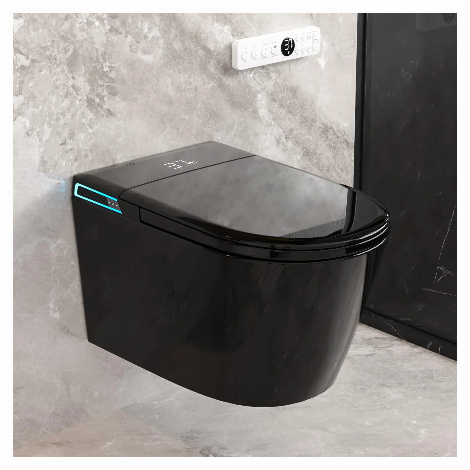 Smart WC nero da appendere alla parete, scarico automatico, coperchio con apertura e chiusura automatica, sedile riscaldato, acqua calda/asciugatrice, moderno bidet allungato con supporto a