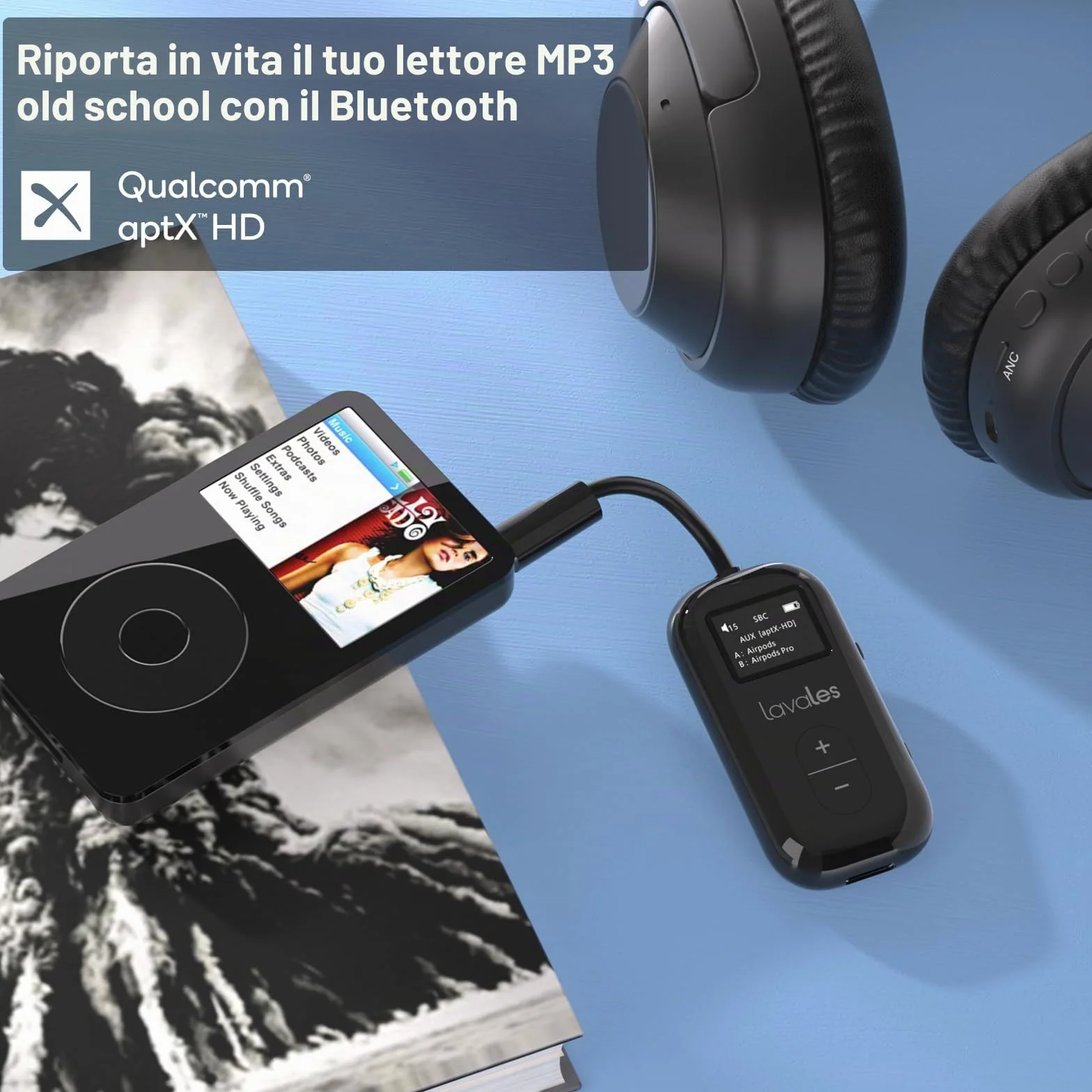 Trasmettitore Bluetooth 5.3 per Airpods/cuffie, adattatore aptX Low Latency/Adaptive, 25 ore di riproduzione, splitter audio AUX 3,5 mm