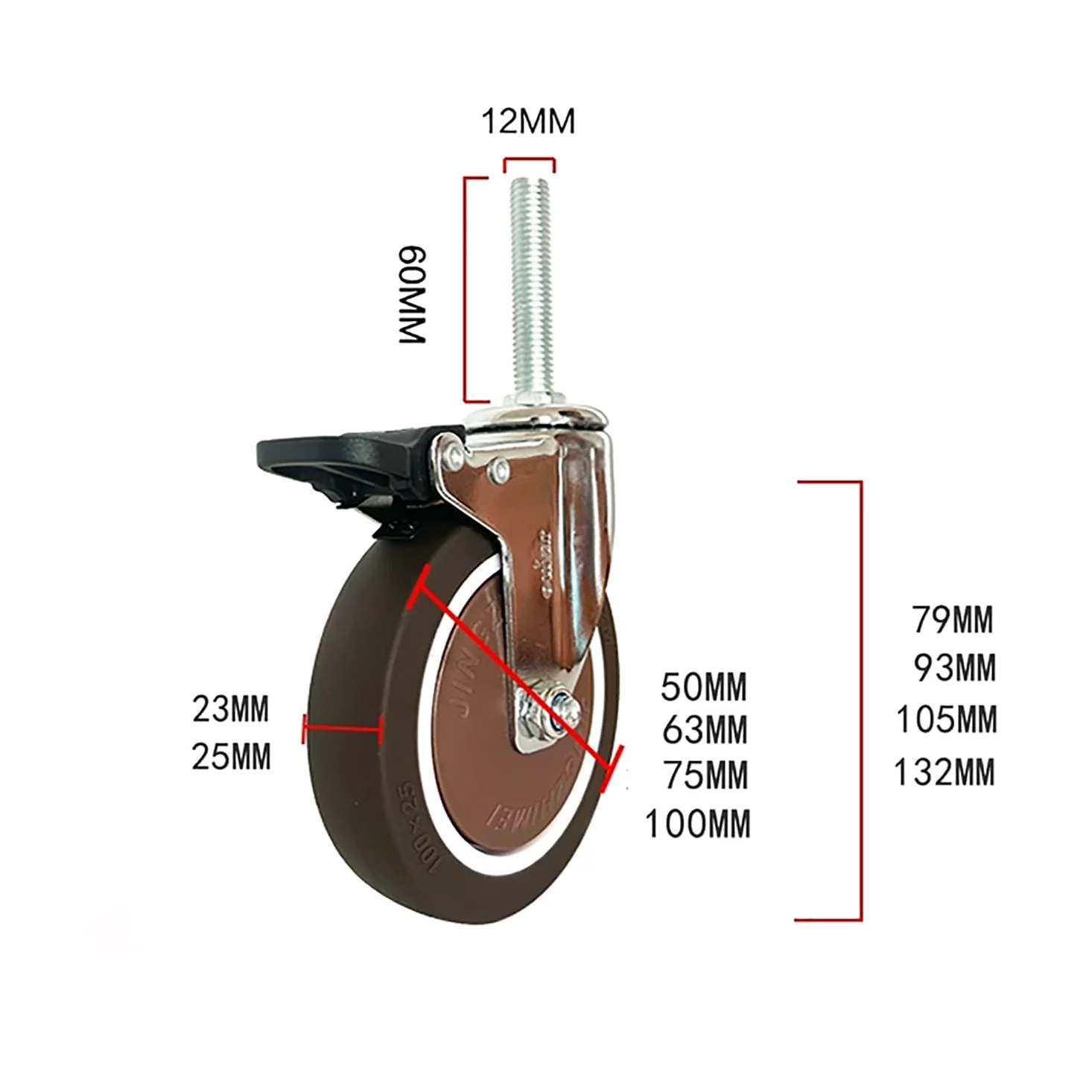 2 Pollice Silenzioso Ruote con Freno, M12*60mm Perno filettato di 4, Gomma Ruote per Mobili/Carrello, Carico 290lbs(con Freno,75mm)