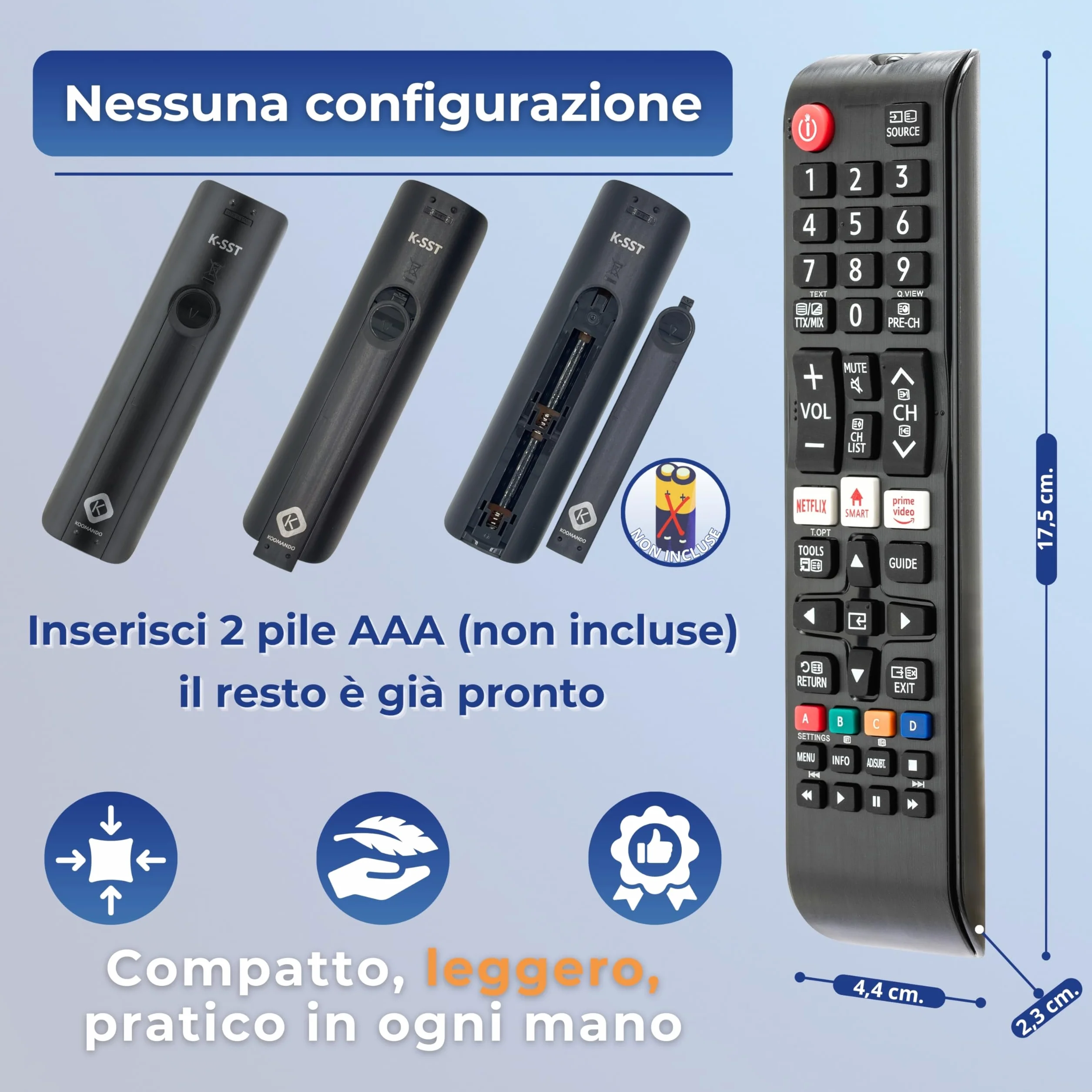 Koomando Telecomando Universale per Samsung TV LCD LED QLED UHD 4K 8K Curved HDR, Serie AA59 BN59, Pronto all'Uso senza Programmazione, Tasti Rapidi Netflix Prime Video, Compatibile Smart TV