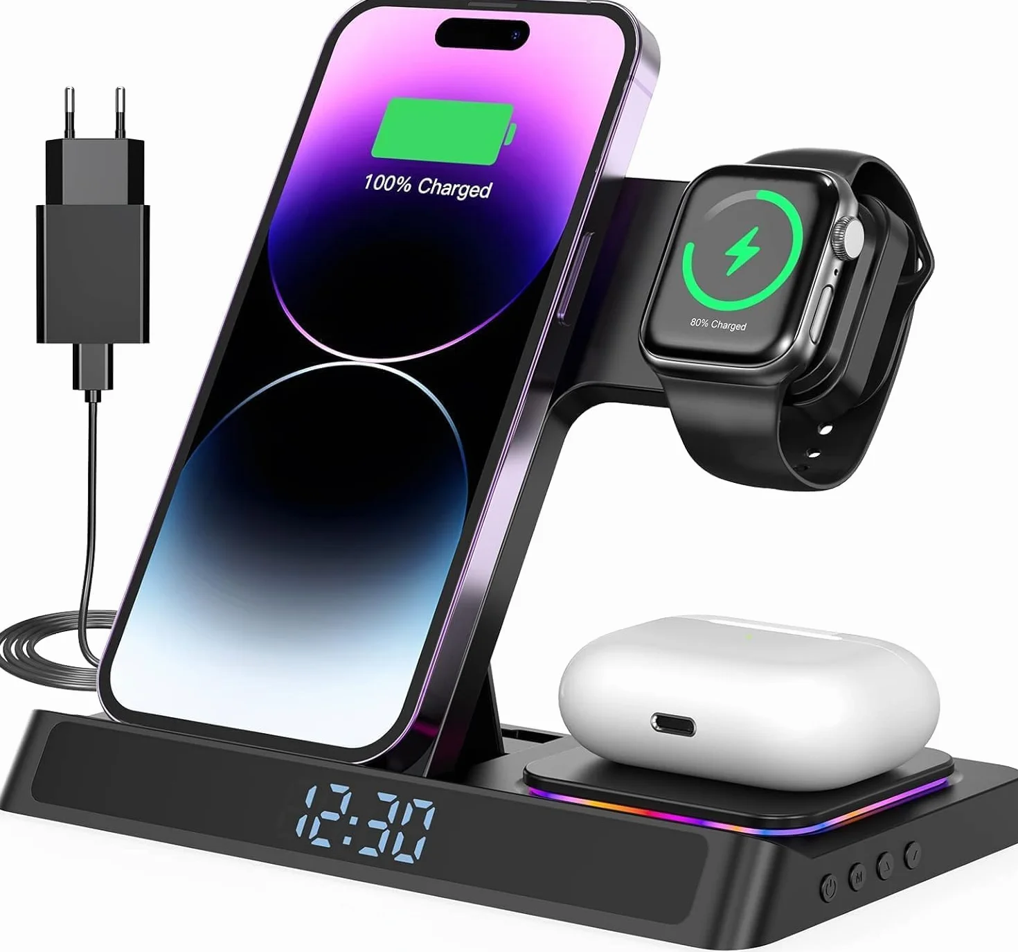 Caricatore wireless 4 in 1 Caricatore per iPhone 16 15 14 13 12 11 Pro SE X XS XR & Watch 9 8 7 6 SE 5 4 3 2,Ricarica Wireless Per i-Watch Ultra 9 8 7 6 SE 5 4 3 Wireless earphones 3/Pro 2