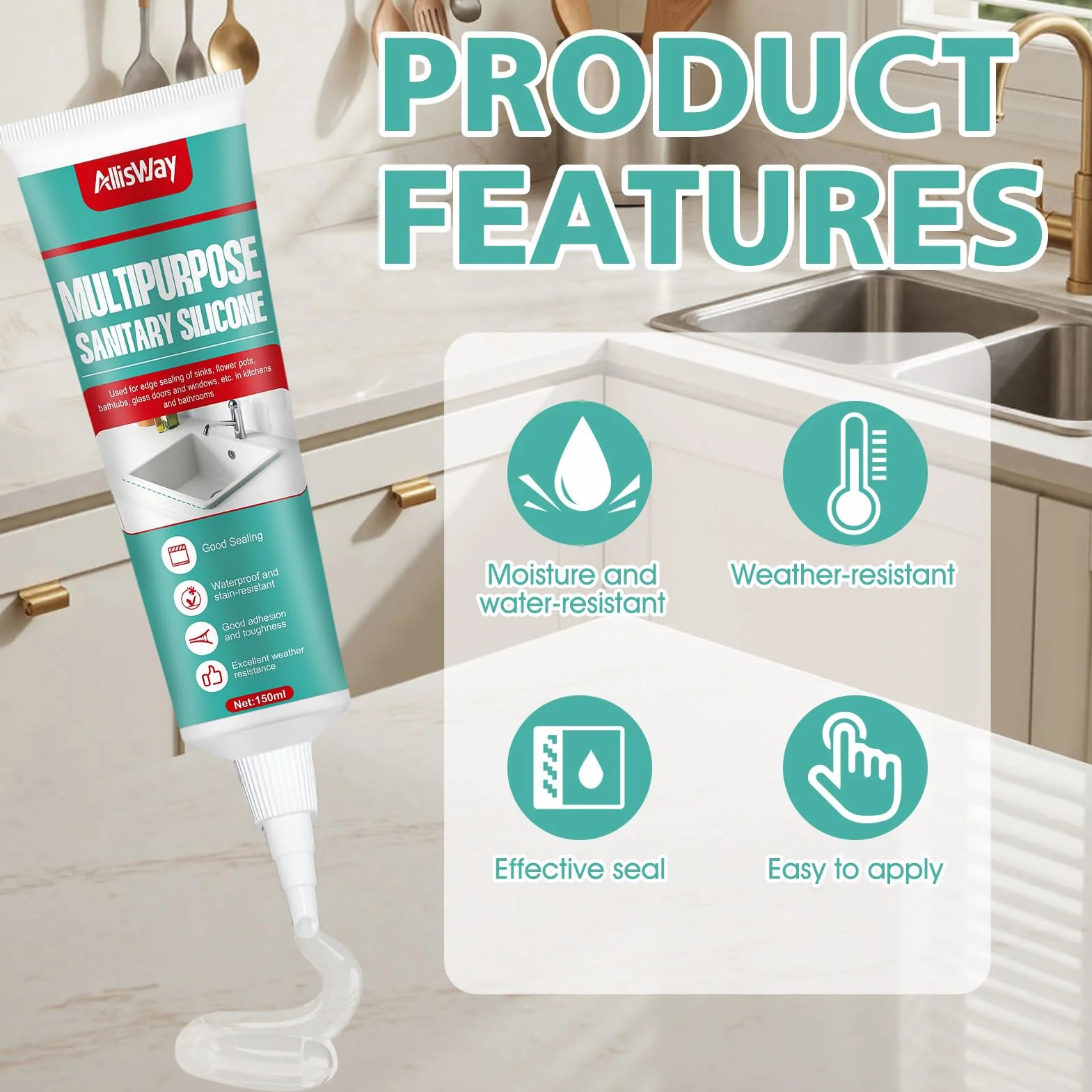 Sigillante Silicone Trasparente Impermeabile 150ml per Bagno, Cucina, WC e Piscina