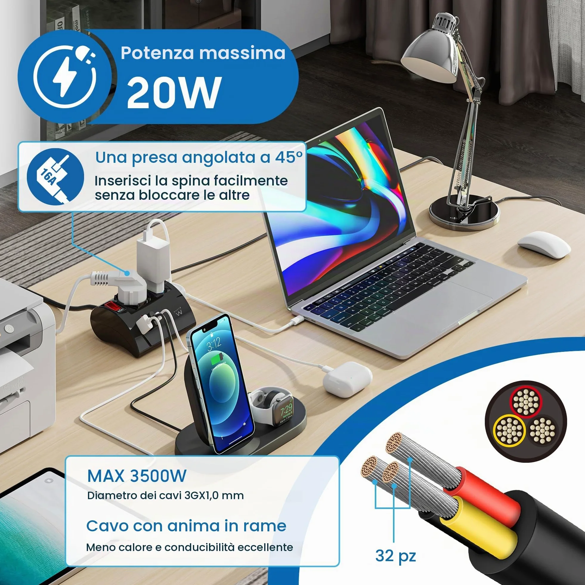 Ewent Multipresa da scrivania/tavolo con 3 Prese 10/16A e 2 porte USB-A e 1 porta USB-C, Interruttore ON/OFF, 3500W, Protezione da Sovraccarico,Spina IT10A e cavo da 2mt,Nera, 3 prese (2ITA/Schuko)